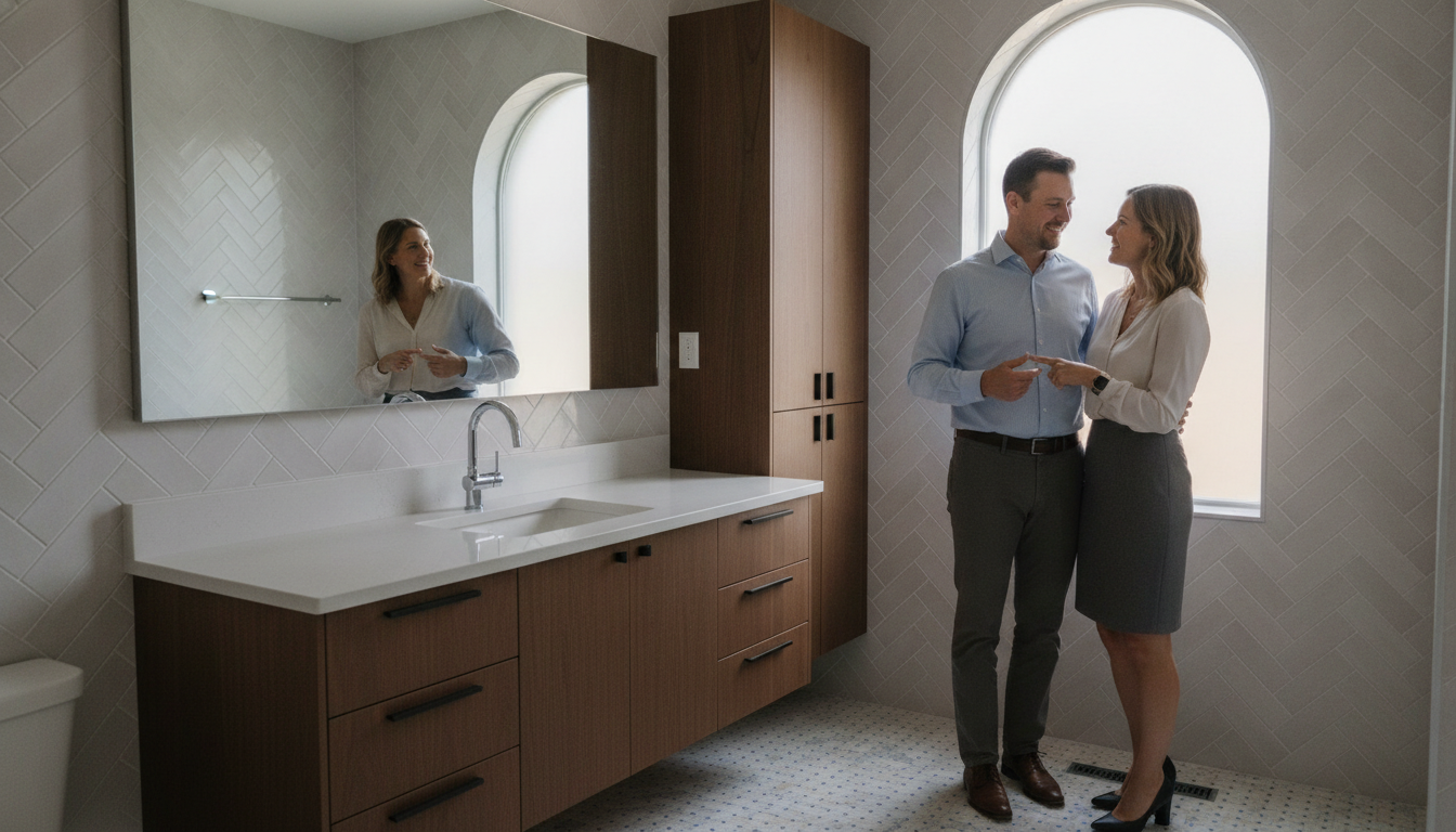 A beautifully renovated bathroom showcasing modern fixtures and elegant design, capturing the essence of customer satisfaction in the remodeling process. In the foreground, a couple in professional attire are happily inspecting the newly installed features, smiling at each other while pointing out the details. The middle section displays sleek, stylish cabinets, a luxurious vanity with a large mirror, and tasteful tile work. The background features soft, natural lighting streaming in from a frosted window, accentuating the warm colors and textures of the space. A sense of pride and accomplishment pervades the atmosphere, highlighting the joy families experience after a successful bathroom remodel. Focus on clean lines and a harmonious layout, emphasizing a tranquil, inviting space.