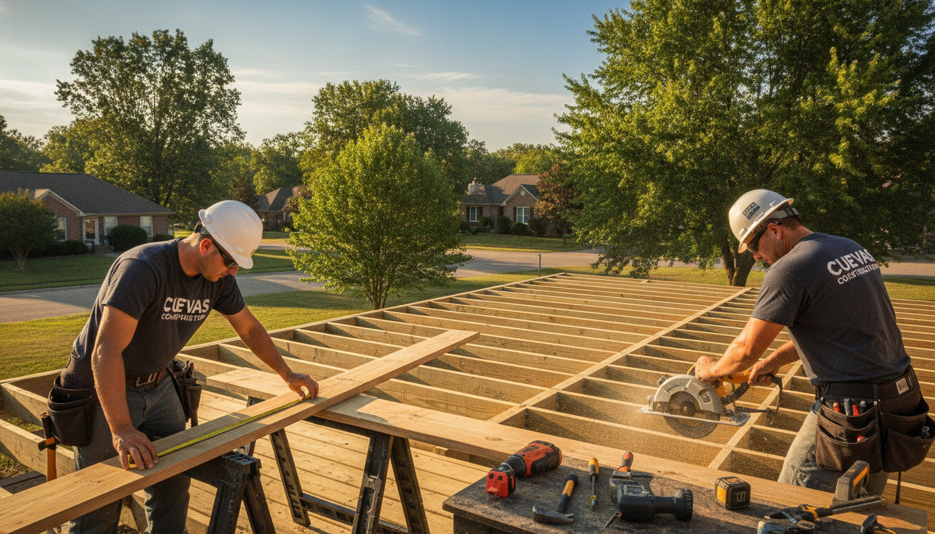 A professional deck building scene showcasing the construction process with Cuevas Construction. In the foreground, skilled workers in professional attire are measuring and cutting wooden planks, displaying their craftsmanship. The middle ground features a partially built deck, with an assortment of tools neatly arranged, including a saw and hammer. In the background, a picturesque suburban setting with trees and a clear blue sky enhances the atmosphere. The scene is bathed in warm sunlight, highlighting the textures of the wood and the determination on the workers' faces. The perspective is slightly elevated, capturing both the ongoing work and the beauty of the surrounding landscape, evoking a sense of progress and professionalism.