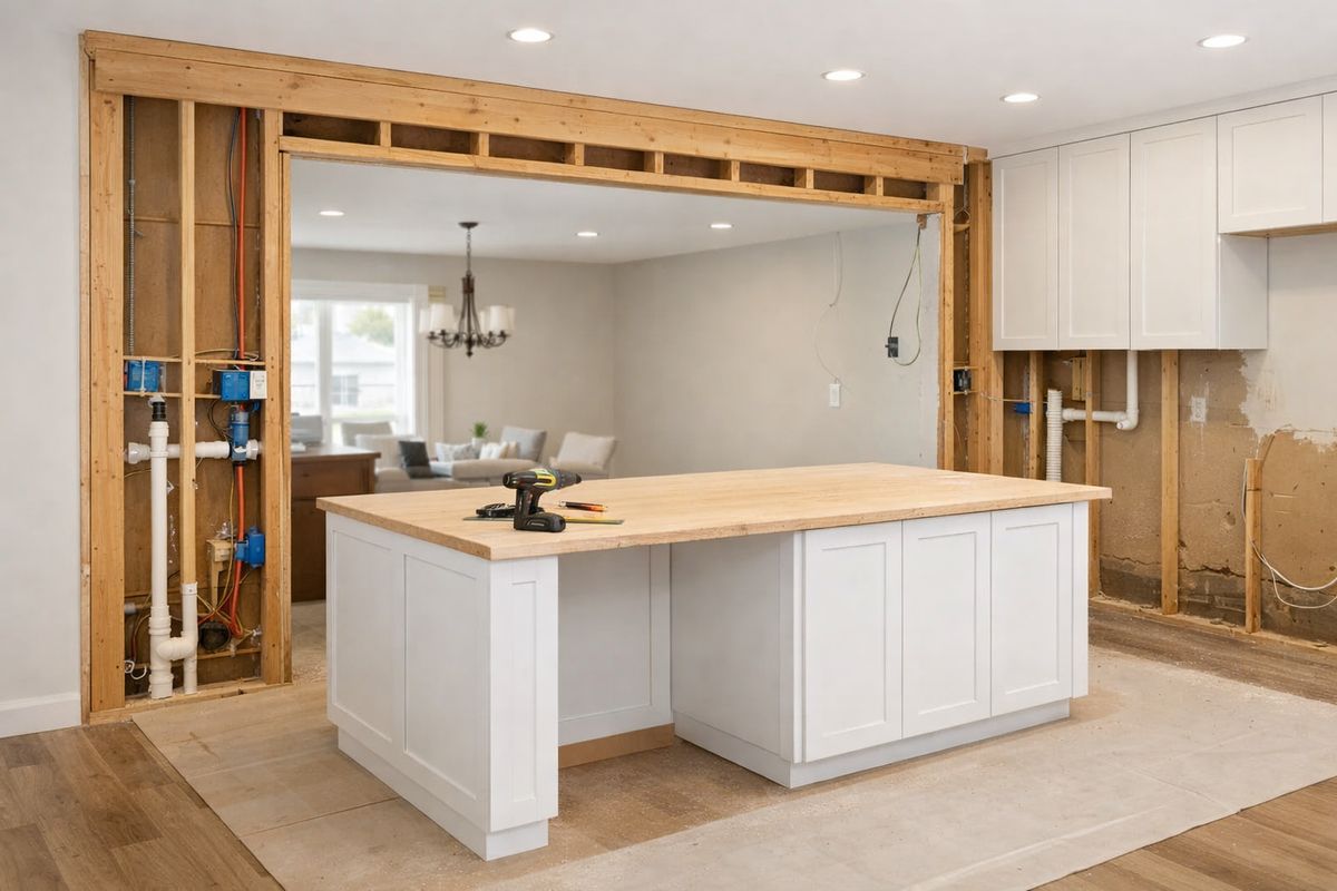 A kitchen under construction with one wall removed to open it into an adjacent room, exposed framing, relocated plumbing and electrical lines, and an island being installed in the center of the new layout