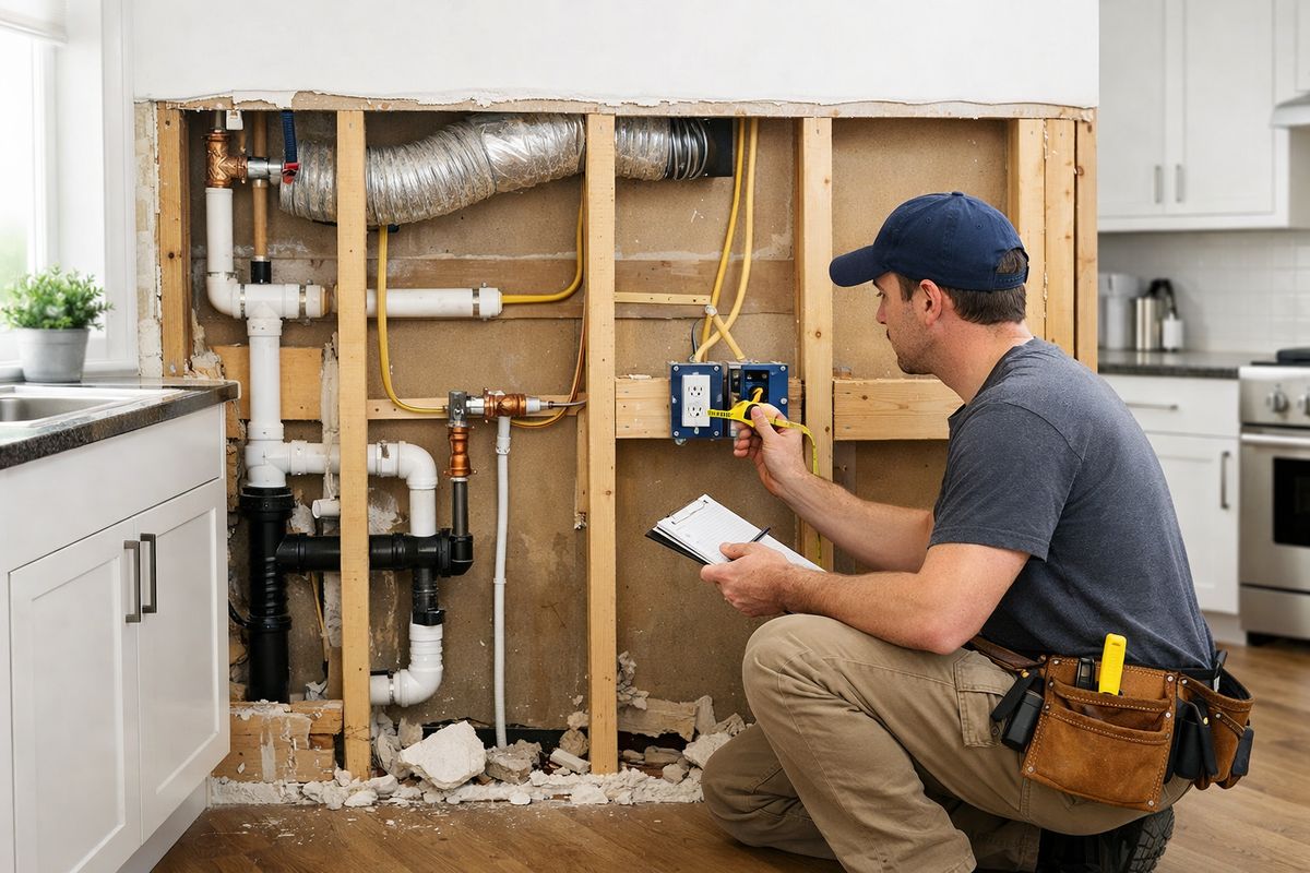 A home kitchen renovation scene with an opened-up wall revealing pipes, electrical wiring, and a vent duct, alongside a contractor measuring outlets and checking framing before the next stage of work