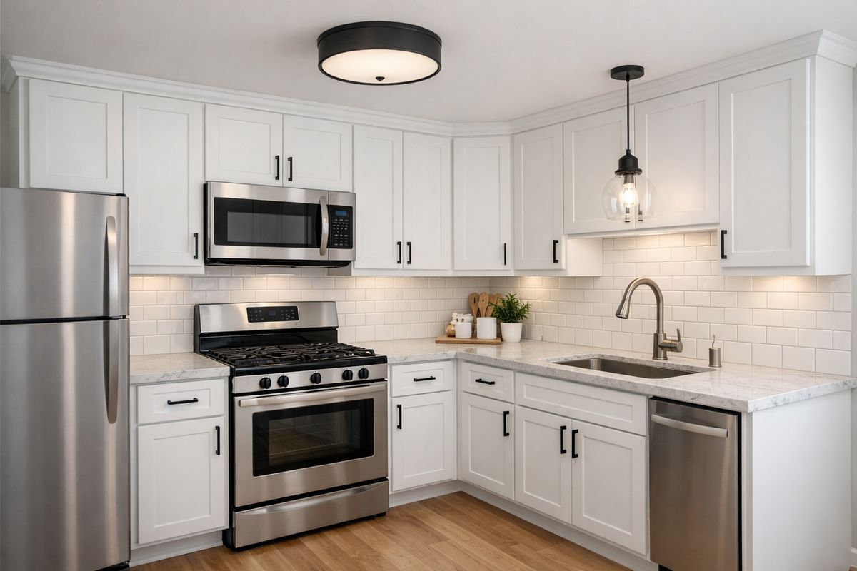 A dated kitchen being updated in place, with the same cabinet layout but freshly painted cabinets, new countertops, a new backsplash, and replaced light fixtures, while the sink, stove, and refrigerator remain in their original positions