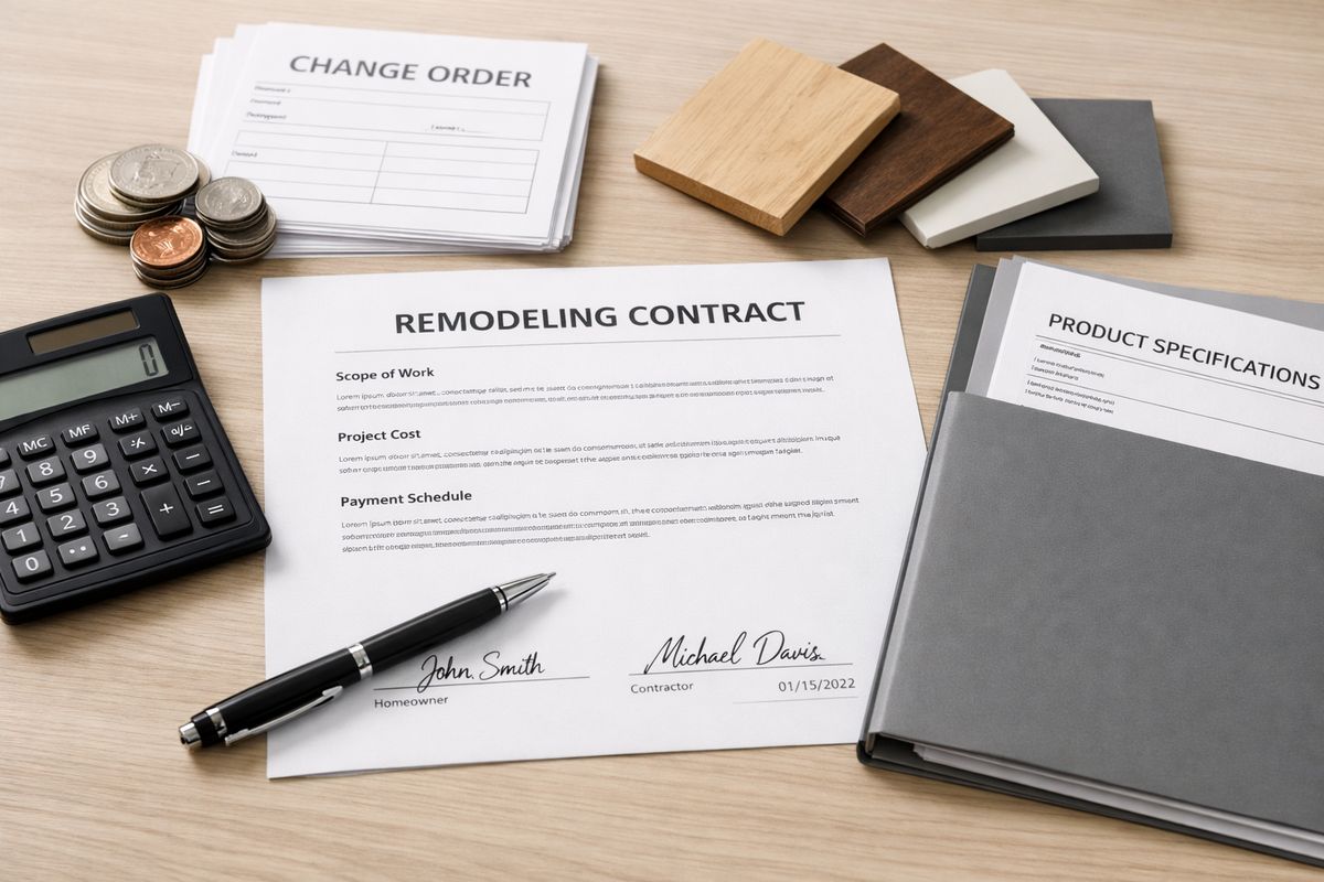 A close-up scene of a signed remodeling contract spread across a table beside a pen, a calculator, a stack of change order forms, cabinet finish samples, and a folder of product spec sheets