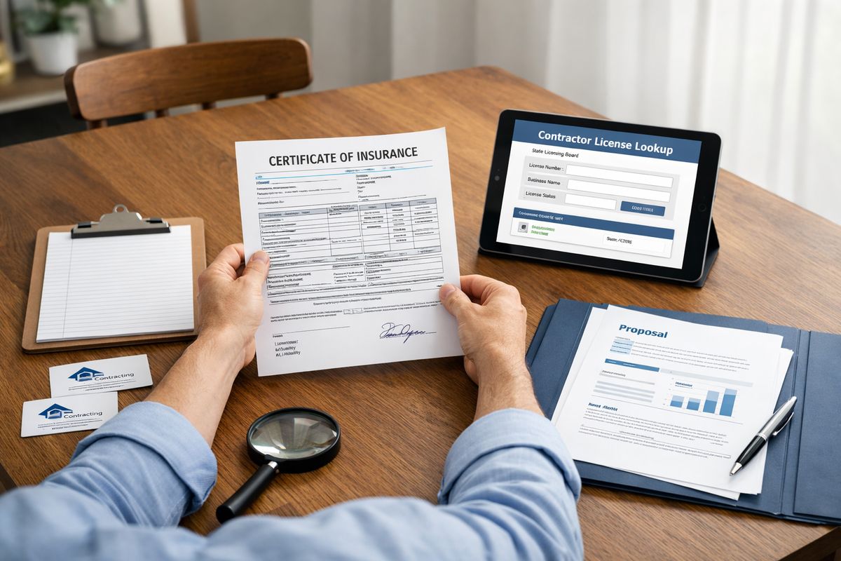 A homeowner at a dining table reviewing a printed contractor certificate of insurance, a state license lookup page on a tablet, and a folder of proposal documents, with a clipboard, business cards, and a magnifying glass arranged beside them