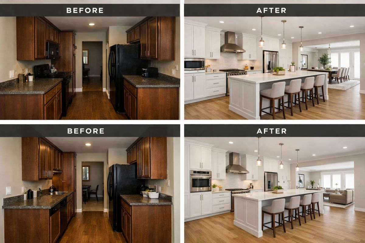 A wall of large before-and-after kitchen renovation photos showing a cramped dark kitchen transformed into a brighter open layout with added island seating, taller cabinetry, upgraded lighting, and cleaner traffic flow