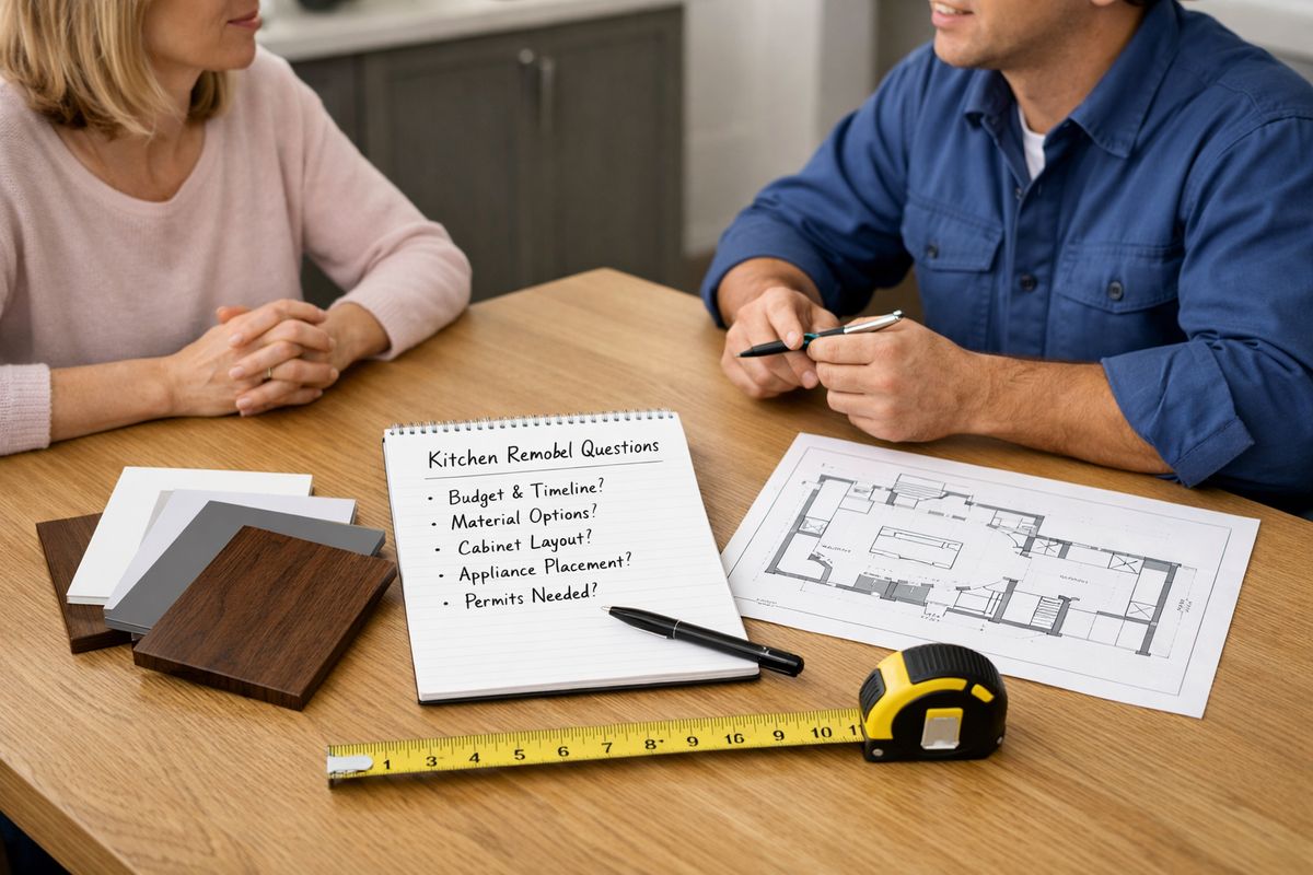 A kitchen table meeting with a homeowner and a contractor seated across from each other, a notepad filled with handwritten questions, sample cabinet door swatches, a floor plan printout, and a tape measure laid across the table