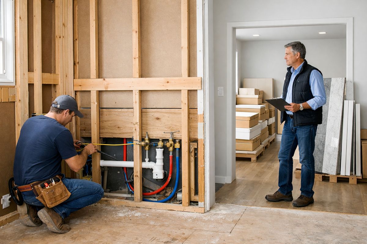 A kitchen under renovation with exposed wall studs, a rough plumbing line under the sink area, an electrician running cable through open framing, stacks of cabinet boxes and countertop slabs staged in another room, and a contractor inspecting the work sequence between rooms