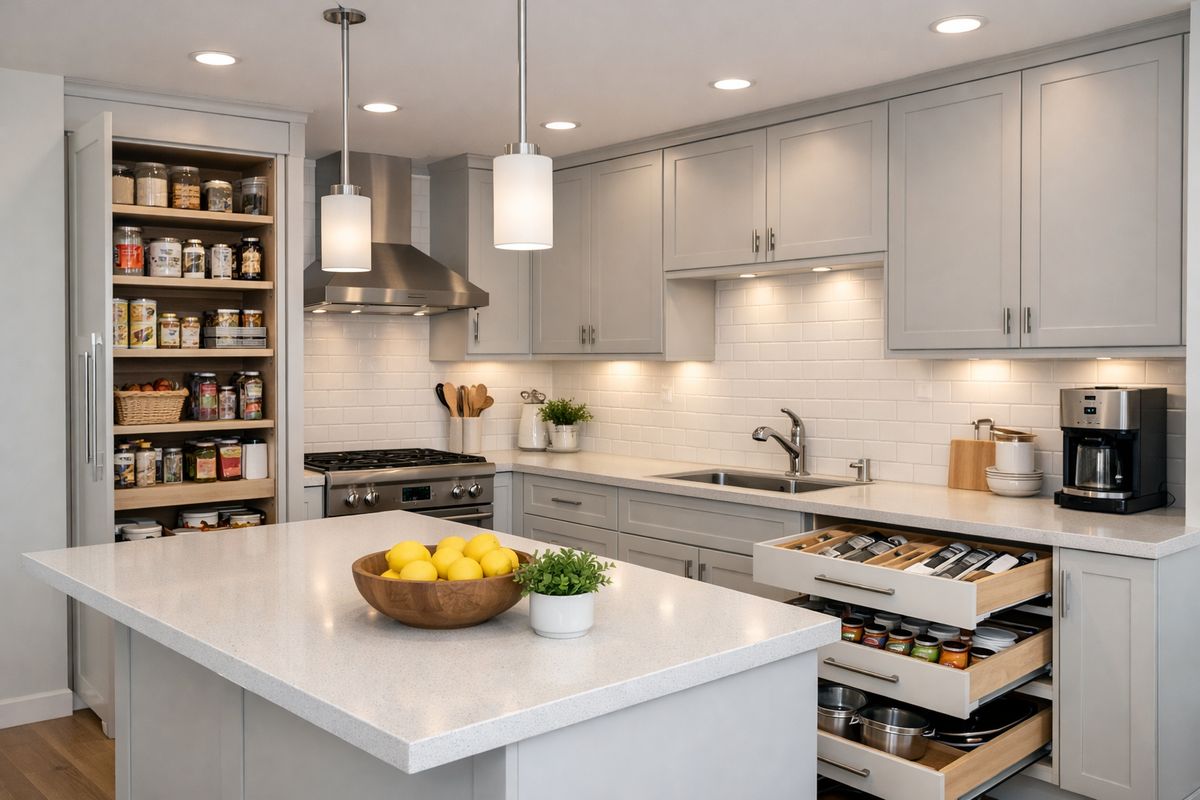 A well-organized kitchen with recessed ceiling lights, under-cabinet lighting, pull-out pantry shelves, drawer organizers, and a clean island with simple pendant lights, showing a practical layout that feels easy to cook in and visually tidy.