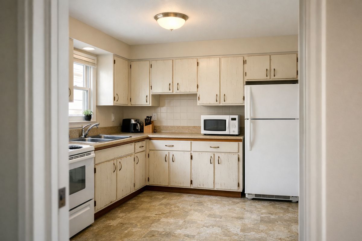 A bright, slightly dated kitchen in a suburban home with worn cabinet doors, dim ceiling light, and a mix of old laminate counters and scuffed flooring, viewed from the doorway as a homeowner evaluates what needs updating before selling.