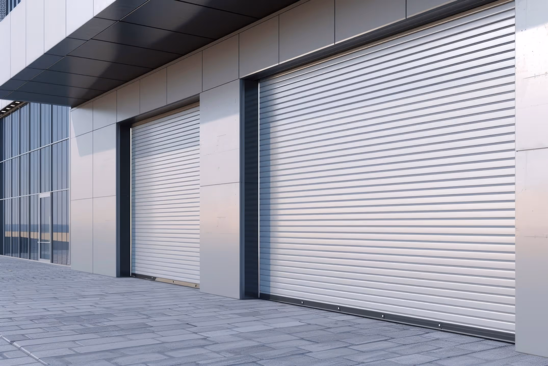A commercial grade garage door installed at a warehouse.
