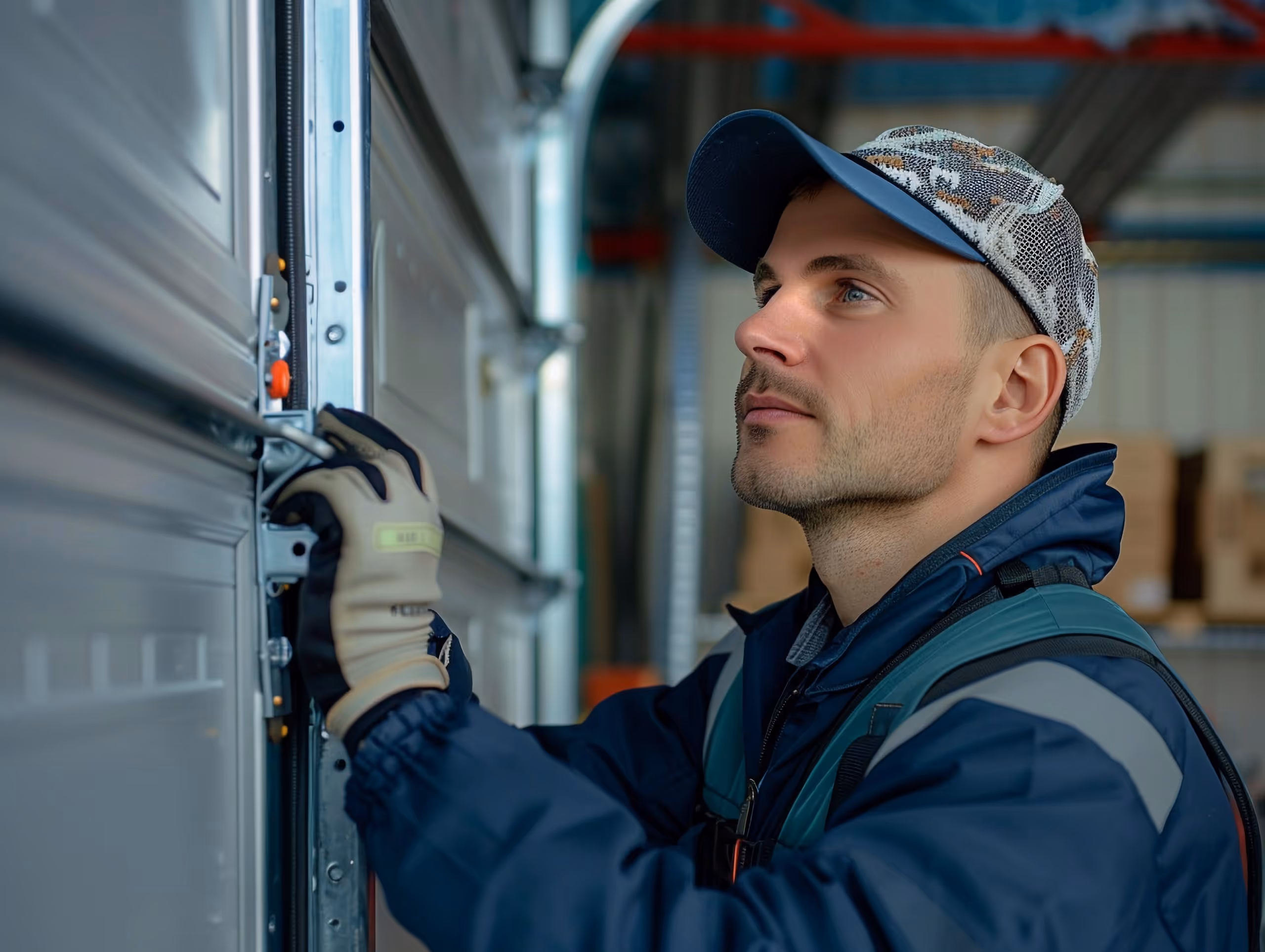 A technician working on a newly installed garage door.