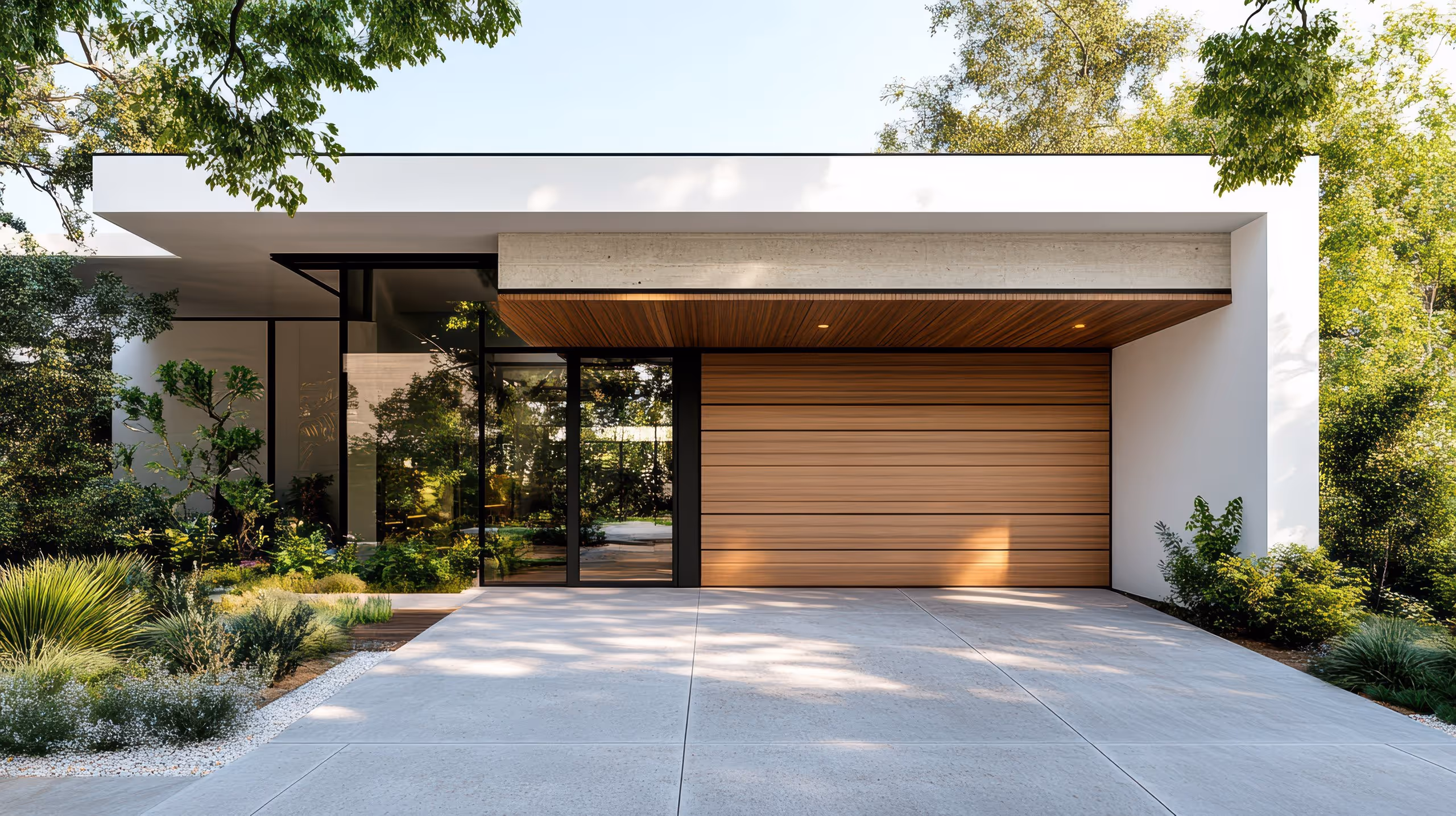 Professional photo of a modern house with a wood slat garage door.