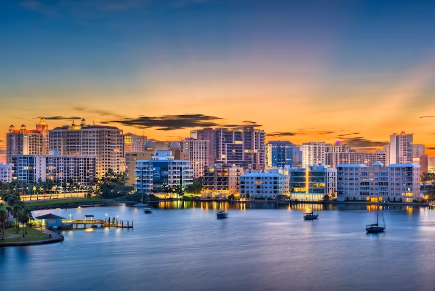Drone shot of they city in Sarasota, Florida.