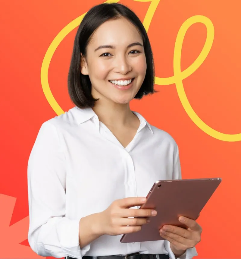 Smiling woman in a white blouse holding a tablet against a vibrant orange background with playful yellow script. Her confident posture and cheerful expression suggest a professional, approachable vibe, ideal for promotional or business-themed content.