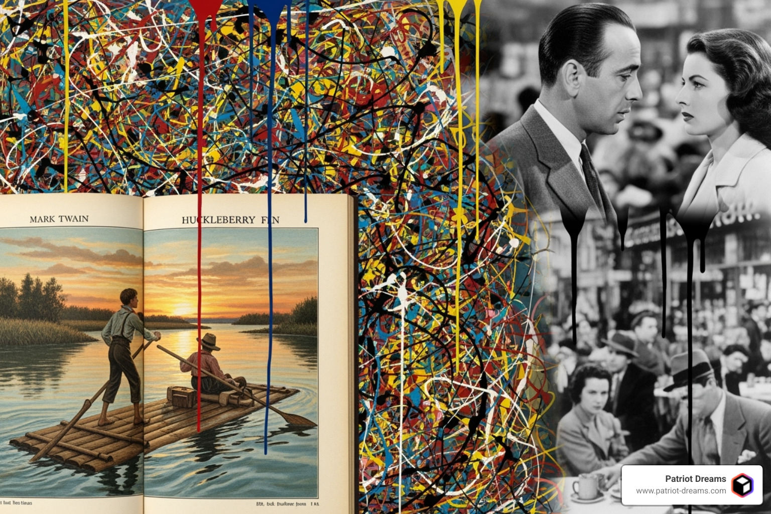Montage of American artistic expressions: a Mark Twain novel, a Jackson Pollock painting, and an image from a landmark film
