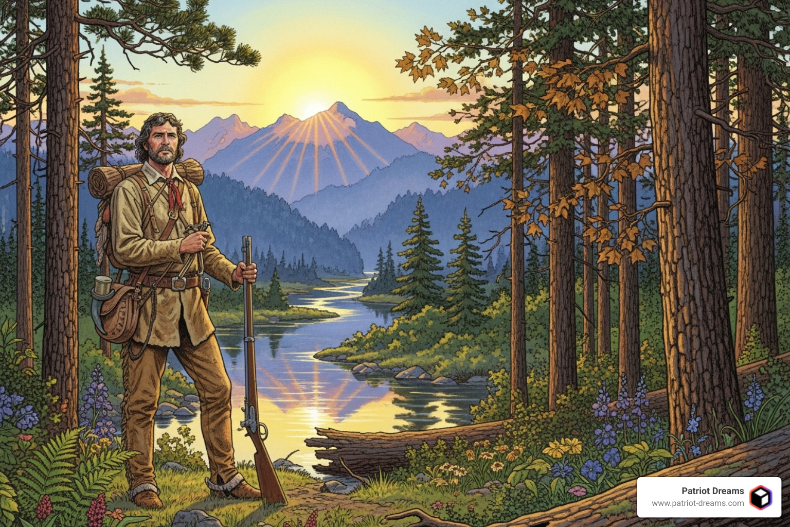 Illustration of Daniel Boone, a quintessential American pioneer, in a wilderness setting - American pioneer stories