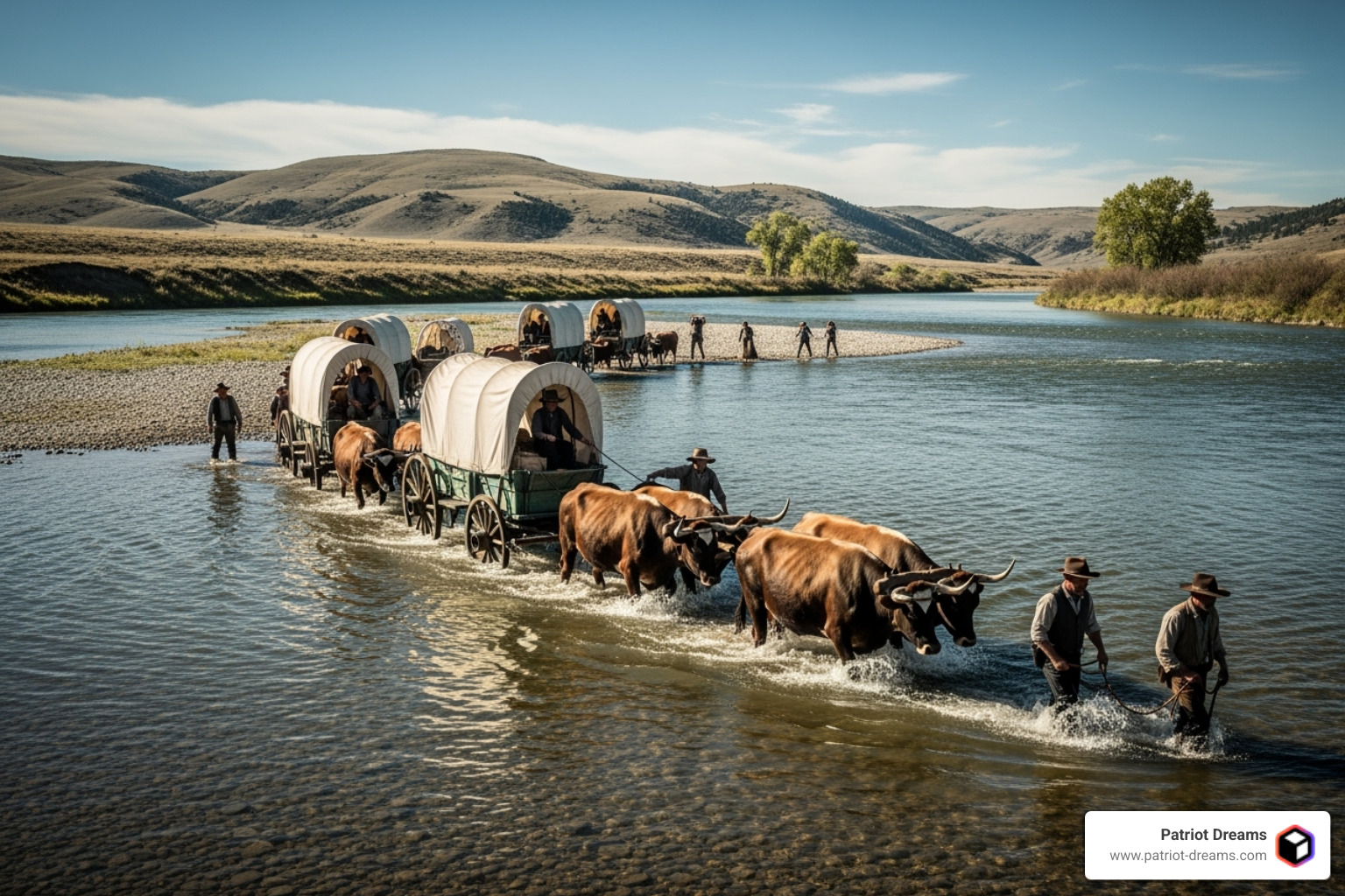Covered wagons crossing a river, symbolizing the arduous journeys of pioneers - American pioneer stories