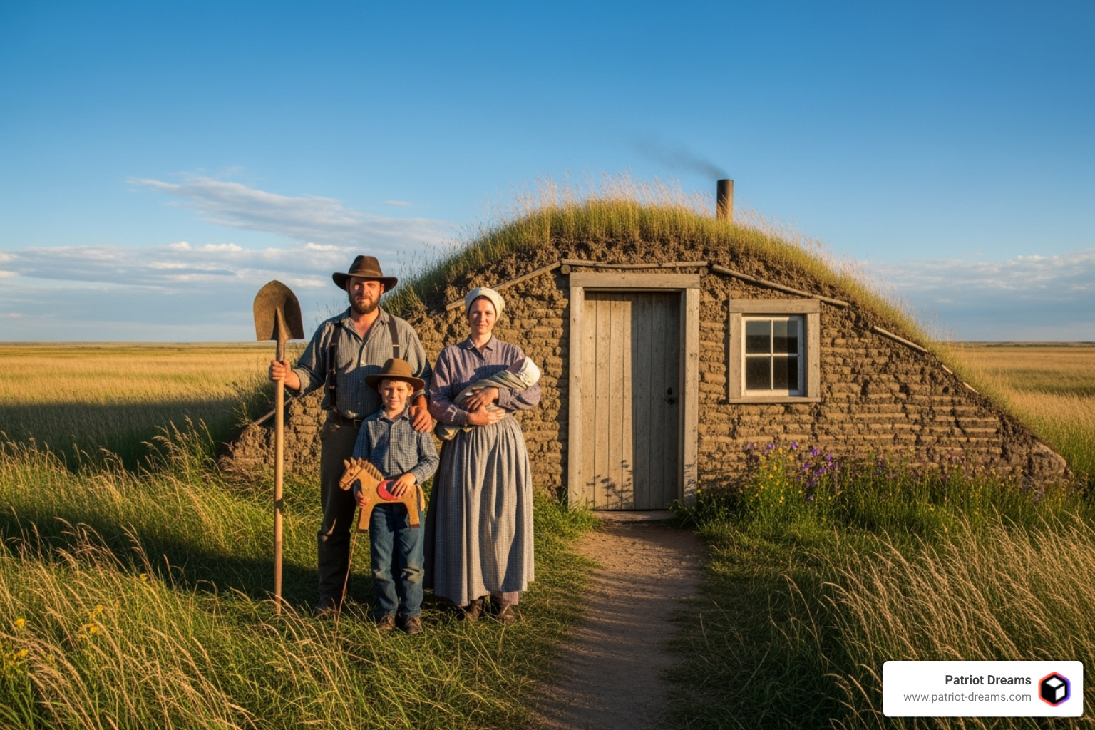 A family standing in front of a sod house on the prairie, illustrating adaptation to the environment - American pioneer stories