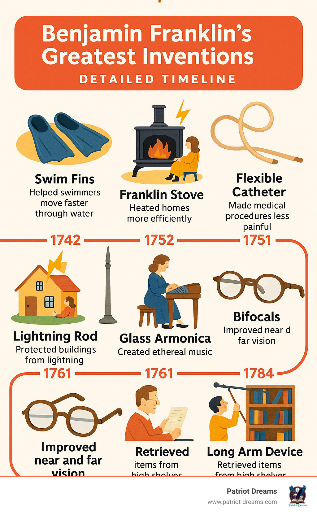Detailed timeline showing Benjamin Franklin's major inventions from 1717 to 1786, including swim fins, Franklin stove, lightning rod, flexible catheter, glass armonica, bifocals, and long arm device, with illustrations of each invention and their impact on daily life - Benjamin Franklin’s Greatest Inventions That Changed the World infographic 