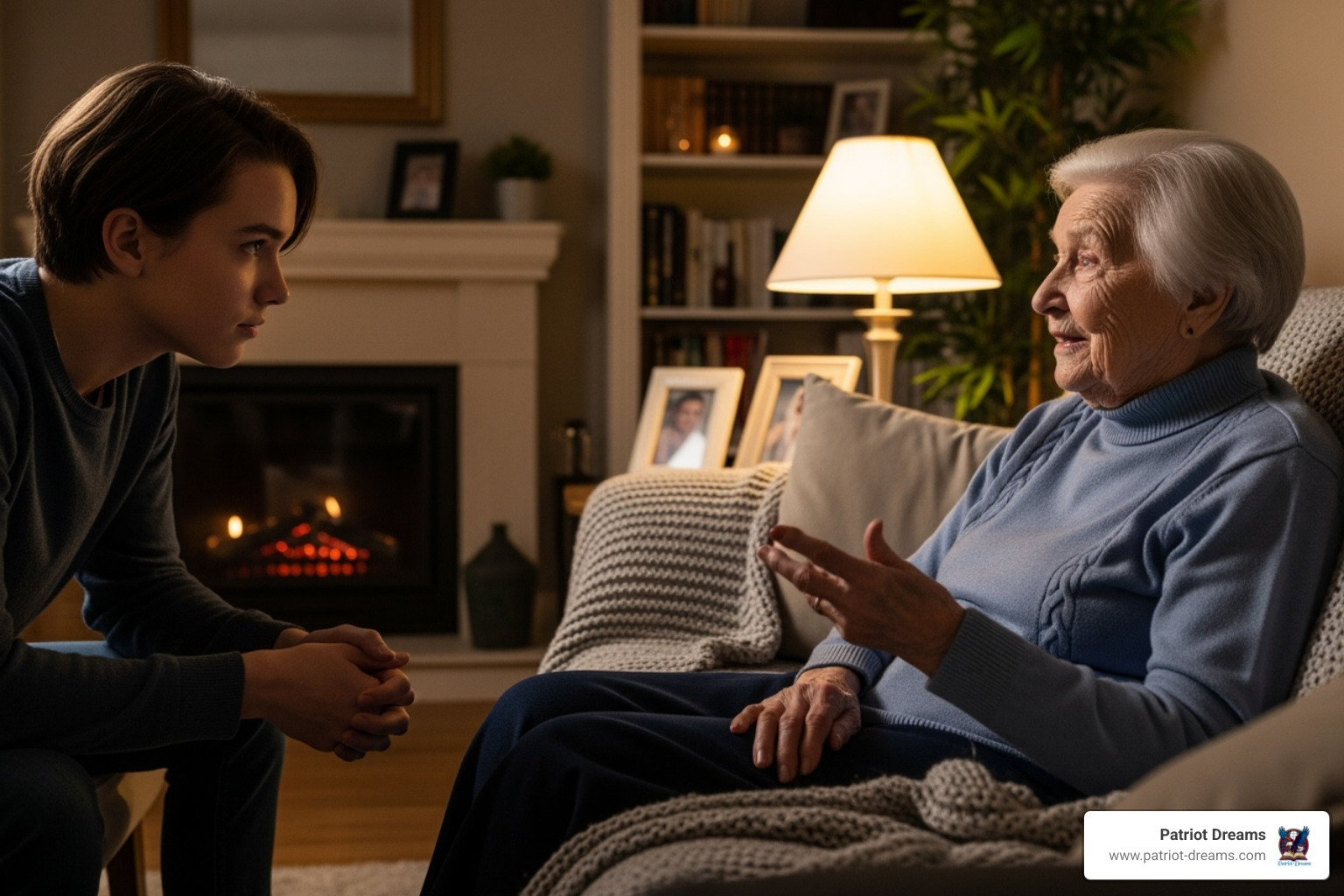 Young person listening intently to an elderly relative who is telling a story - Record family stories