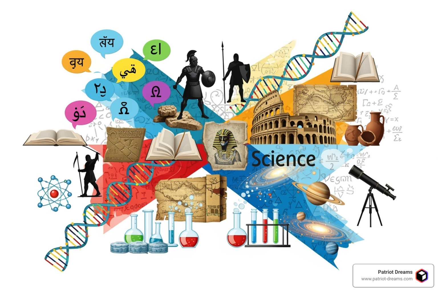 Collage of subjects like languages, history, and science - Educational audio app