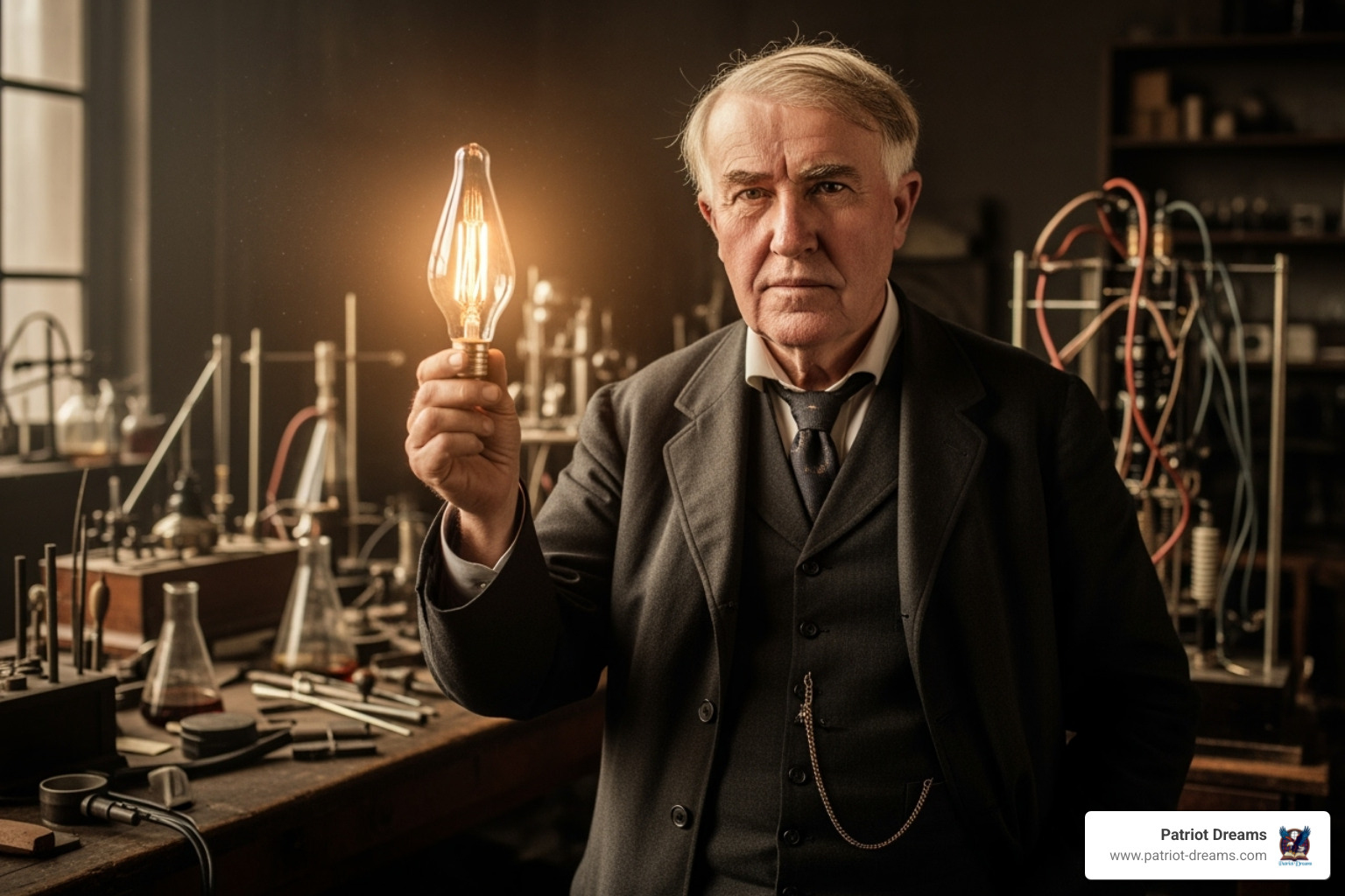 Thomas Edison holding an incandescent light bulb - American innovation history