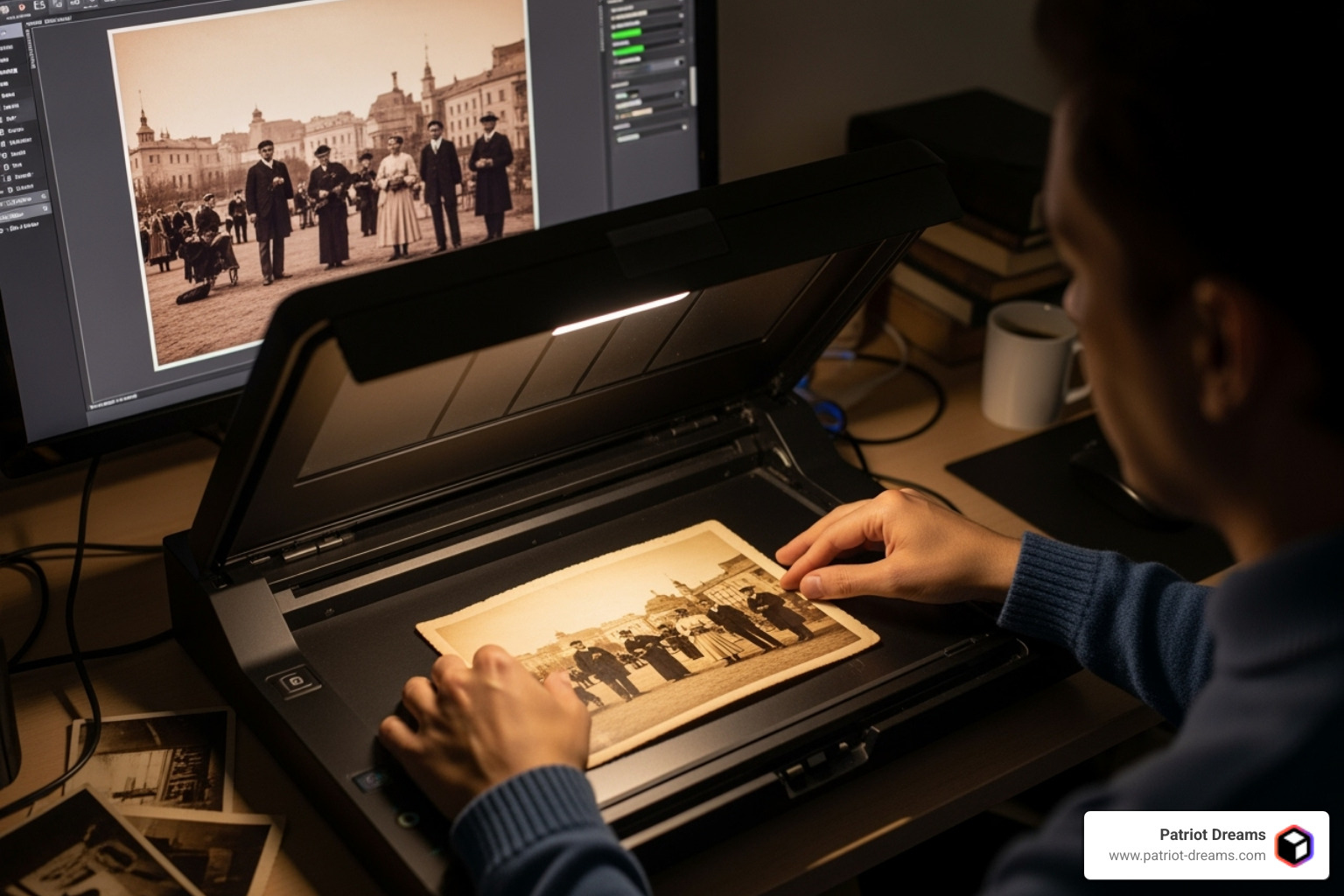 person scanning old sepia-toned photograph onto computer - Family history preservation