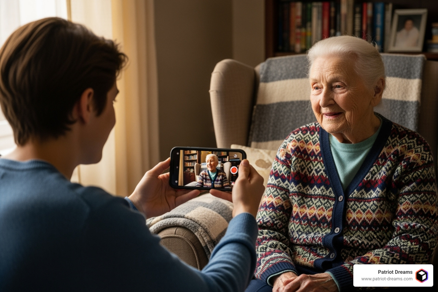 young person interviewing elderly relative with smartphone recording - Family history preservation