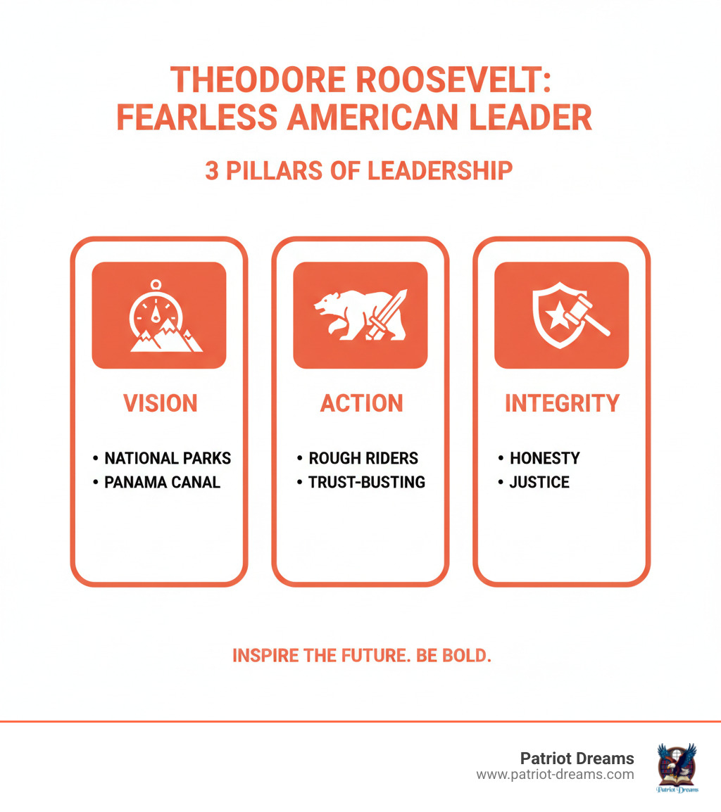 Infographic showing Theodore Roosevelt's four core virtues for young Americans: 1. Physical and Moral Courage - standing up for what is right and being fearless in the face of challenges, 2. Honesty and Integrity - being straightforward, clean-minded, and truthful in all dealings, 3. Self-Command - having control over one's passions and using strength for justice and decency, 4. Kindness with Strength - being tender to the weak and helpless while standing firm against wrongdoing - Teddy Roosevelt: The Fearless Leader Every Young American Should Know infographic 