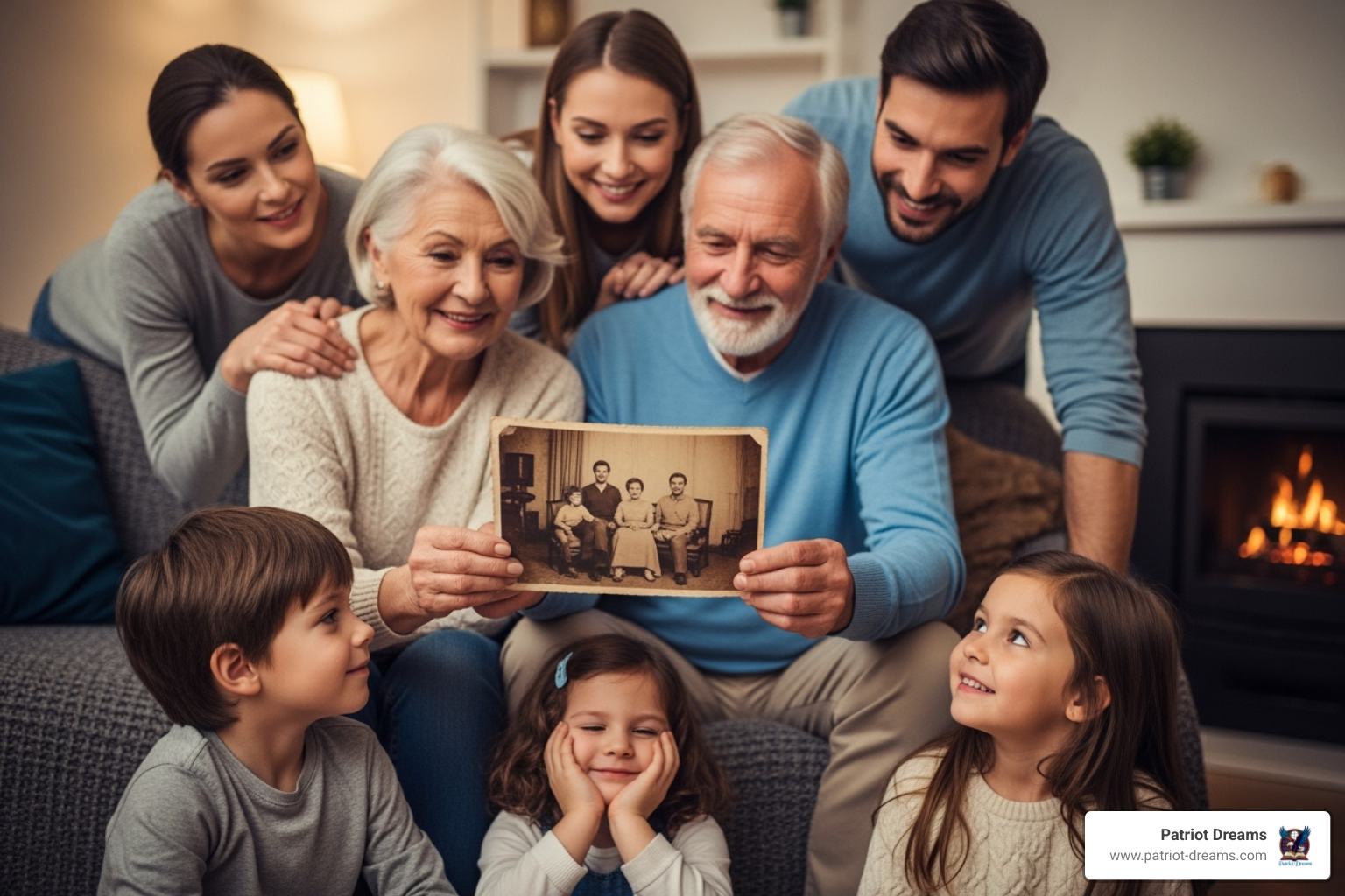 Family of multiple generations looking at an old photograph together - Patriot Dreams and America 250: Empowering the Next Generation of Leaders for the Nation's Semiquincentennial Family of multiple generations looking at an old photograph together - Patriot Dreams and America 250: Empowering the Next Generation of Leaders for the Nation's Semiquincentennial