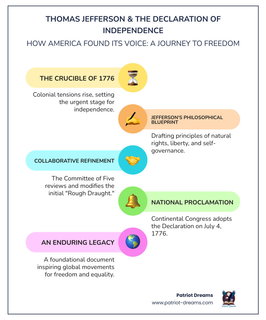 Infographic showing the timeline from Lee Resolution on June 7 1776 through Committee of Five formation, Jefferson's drafting period June 11-28, Congressional debates July 2-4, adoption July 4, printing of Dunlap broadsides July 5, public readings July 8, engrossing on parchment, and final signing August 2 1776 - Thomas Jefferson and the Declaration of Independence: How a Nation Found Its Voice infographic 