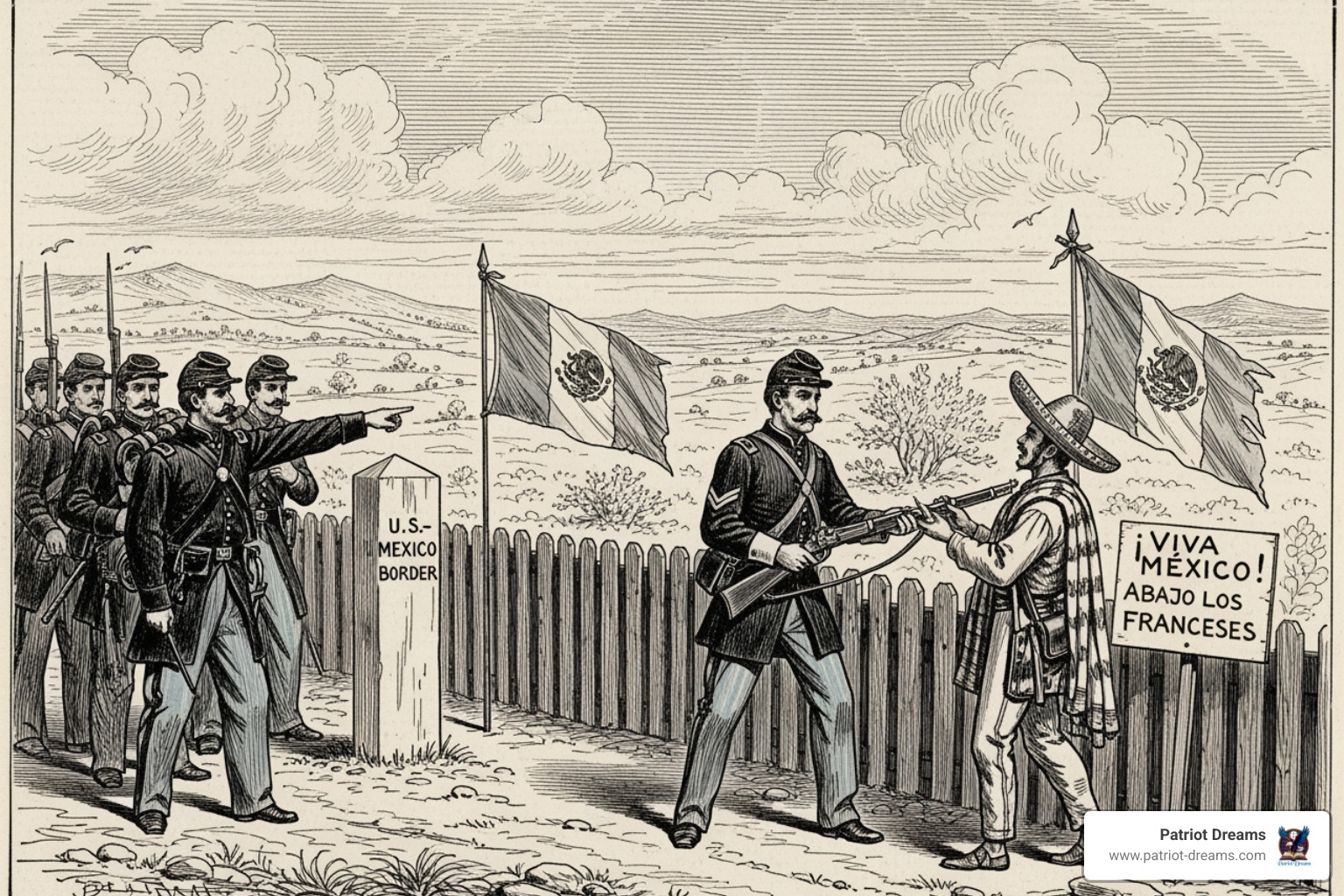 illustration depicting U.S. support for Mexico against the French - James Monroe doctrine