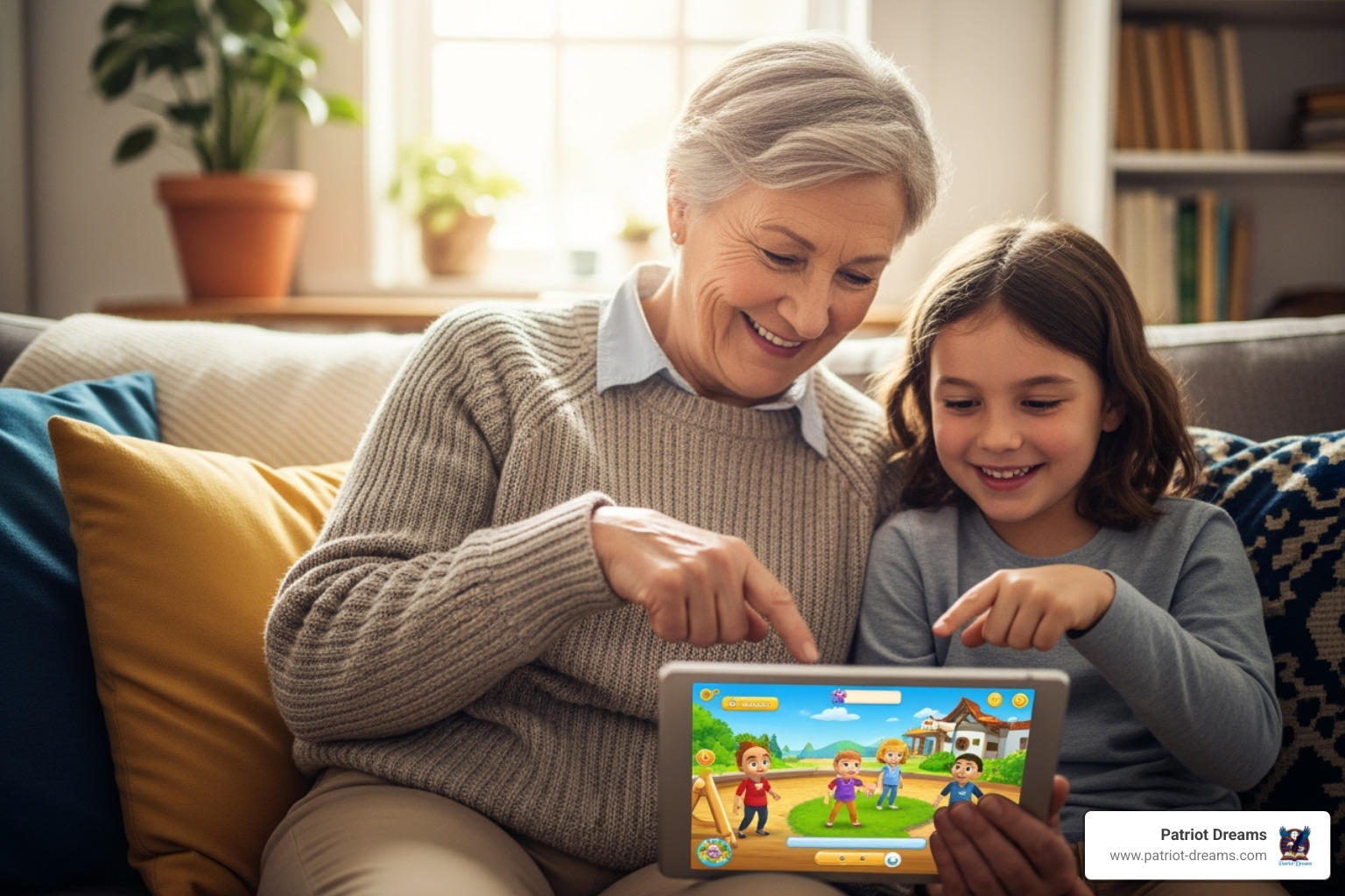 A grandparent and grandchild using a tablet together, smiling and pointing at the screen. - Patriotic stories app A grandparent and grandchild using a tablet together, smiling and pointing at the screen. - Patriotic stories app