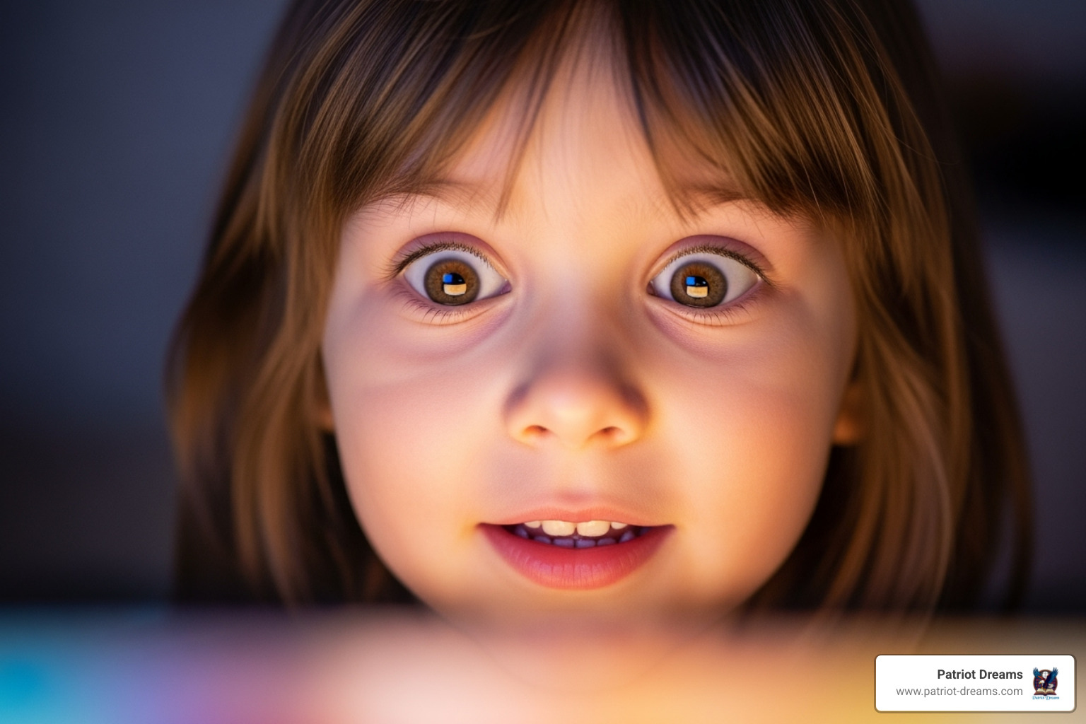 A child's face lighting up while looking at a screen, illustrating engagement and wonder. - Patriotic stories app A child's face lighting up while looking at a screen, illustrating engagement and wonder. - Patriotic stories app