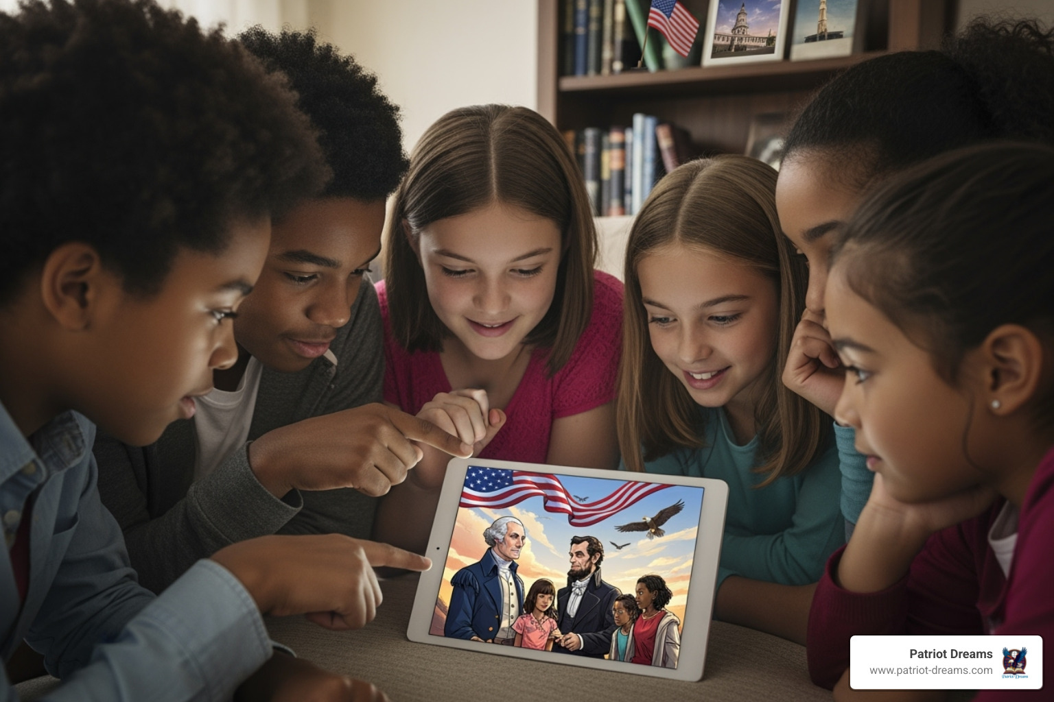 A cozy digital library shelf on a tablet screen, filled with book covers showing American landscapes and historical scenes. - Patriotic stories app A cozy digital library shelf on a tablet screen, filled with book covers showing American landscapes and historical scenes. - Patriotic stories app