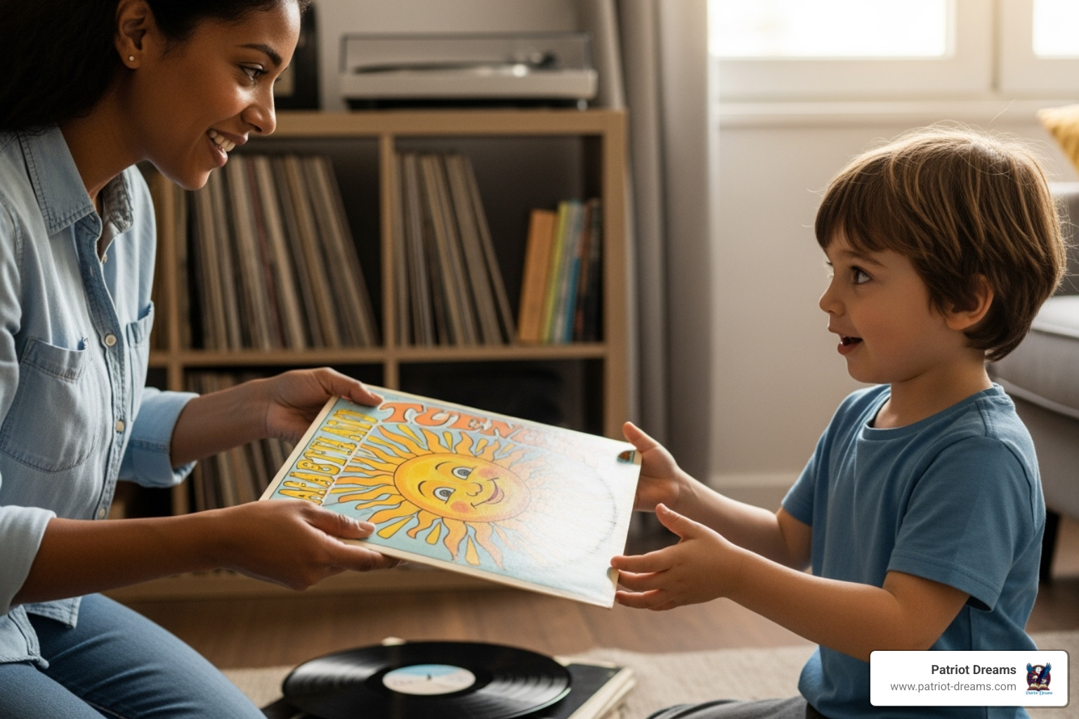 parent gently handing a vinyl record to their child - Echoes of the Past: How 20th-Century America Lives On in Today's Hit Songs parent gently handing a vinyl record to their child - Echoes of the Past: How 20th-Century America Lives On in Today's Hit Songs