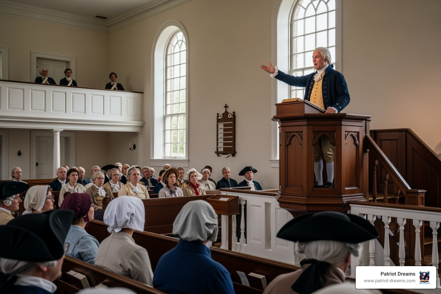 A modern-day reenactment of Patrick Henry delivering his speech in St. John's Church, with actors in colonial attire and an audience watching attentively - Patrick Henry speech A modern-day reenactment of Patrick Henry delivering his speech in St. John's Church, with actors in colonial attire and an audience watching attentively - Patrick Henry speech