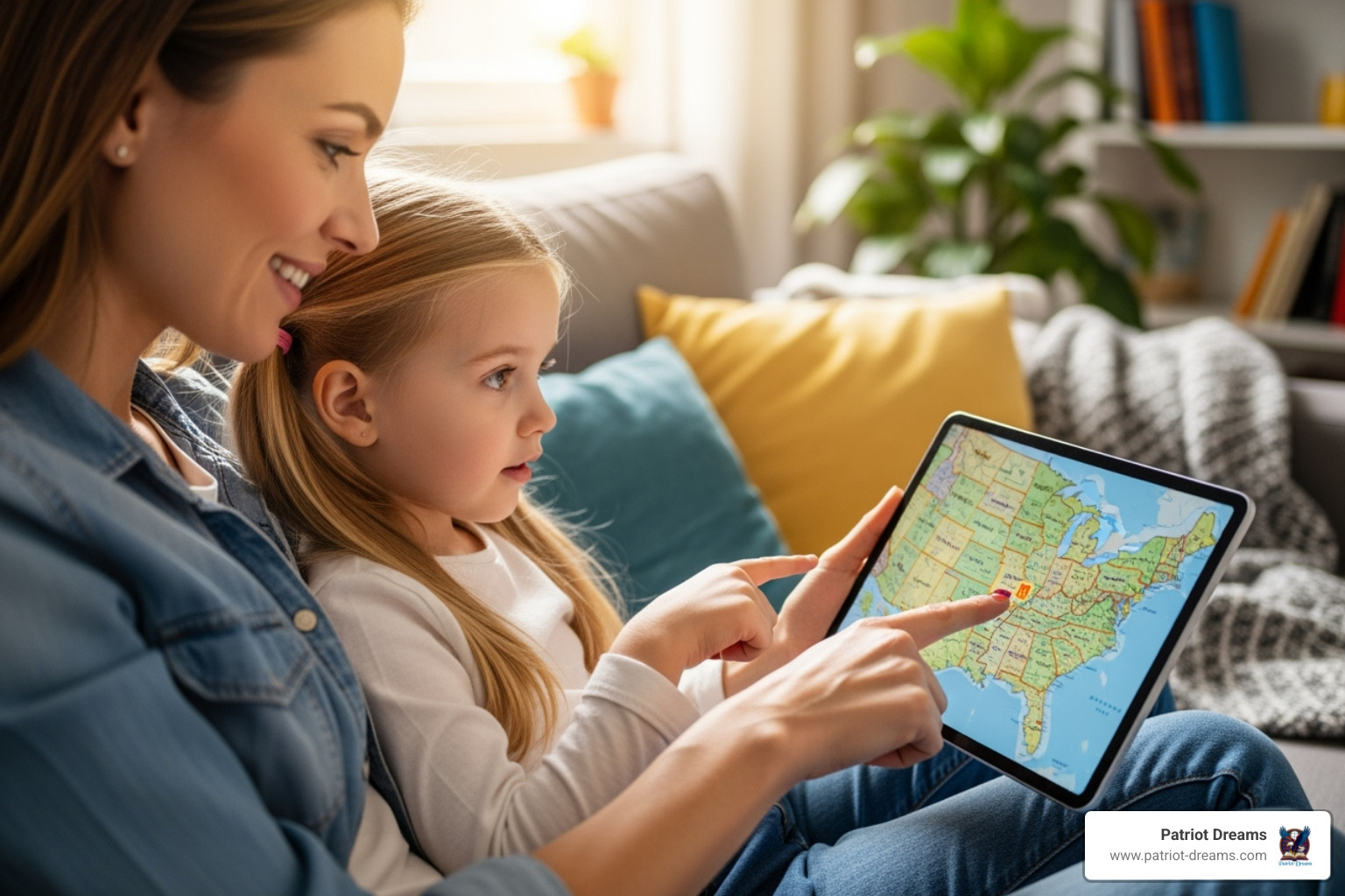 parent and child pointing at a map of the USA on a tablet screen - App for patriotic families