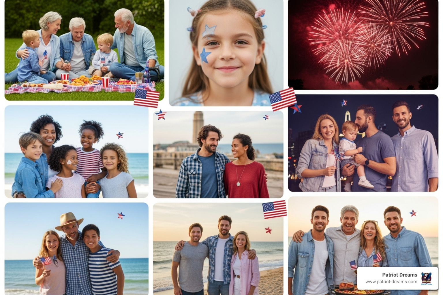 collage of family photos edited with red, white, and blue filters and stickers - App for patriotic families