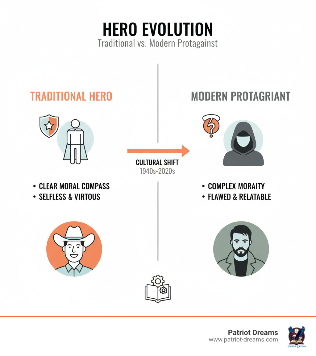 Infographic explaining the simple traits of a traditional hero versus a more complex, modern protagonist. - When Good Guys Weren’t So Simple: Anti-heroes in American Culture infographic Infographic explaining the simple traits of a traditional hero versus a more complex, modern protagonist. - When Good Guys Weren’t So Simple: Anti-heroes in American Culture infographic