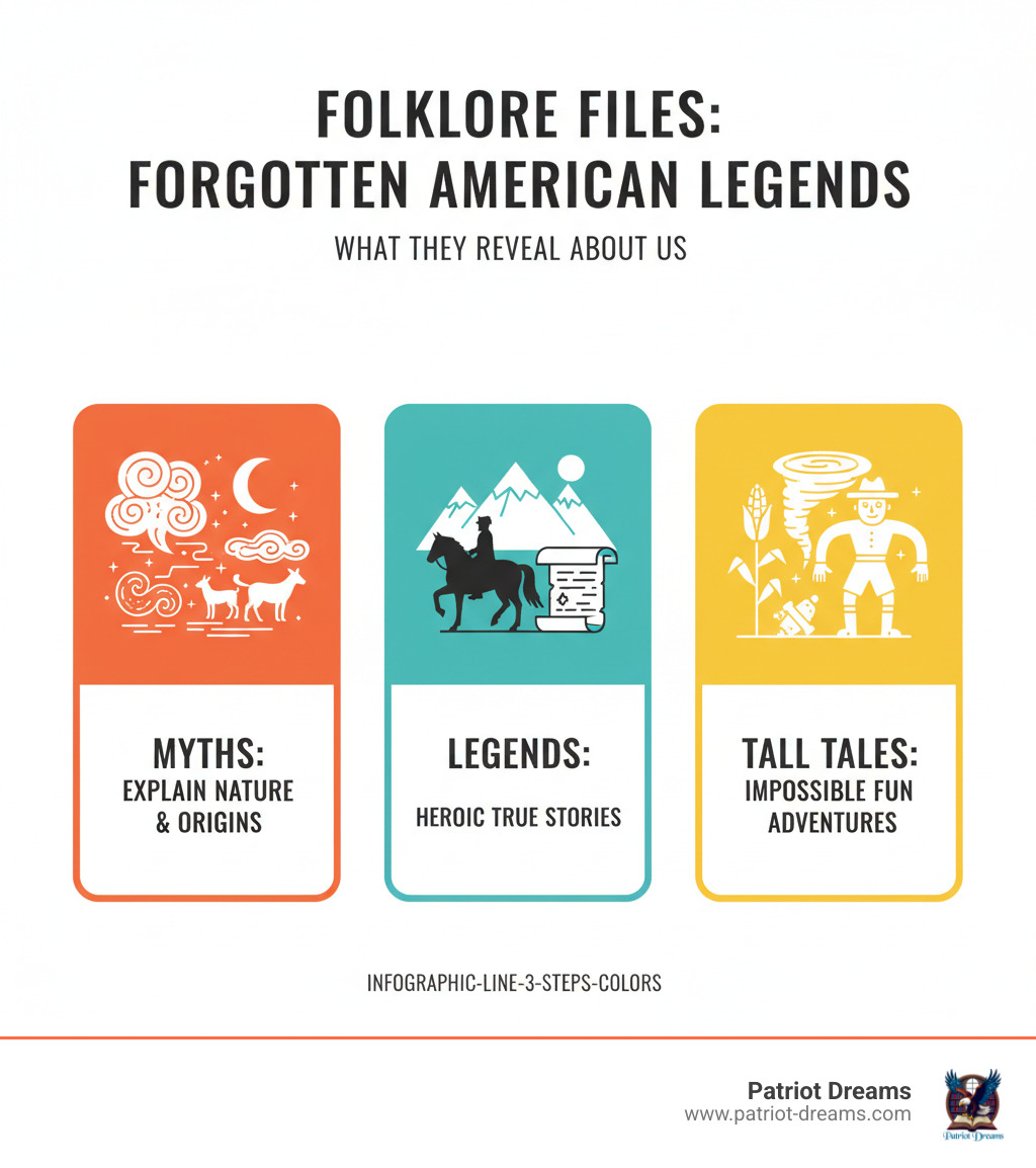 Infographic showing three illustrated sections: Myths explain nature and origins with mystical imagery, Legends tell heroic true stories with historical figures, and Tall Tales share impossible fun adventures with exaggerated characters - Folklore Files: Forgotten American Legends and What They Reveal About Us infographic infographic-line-3-steps-colors