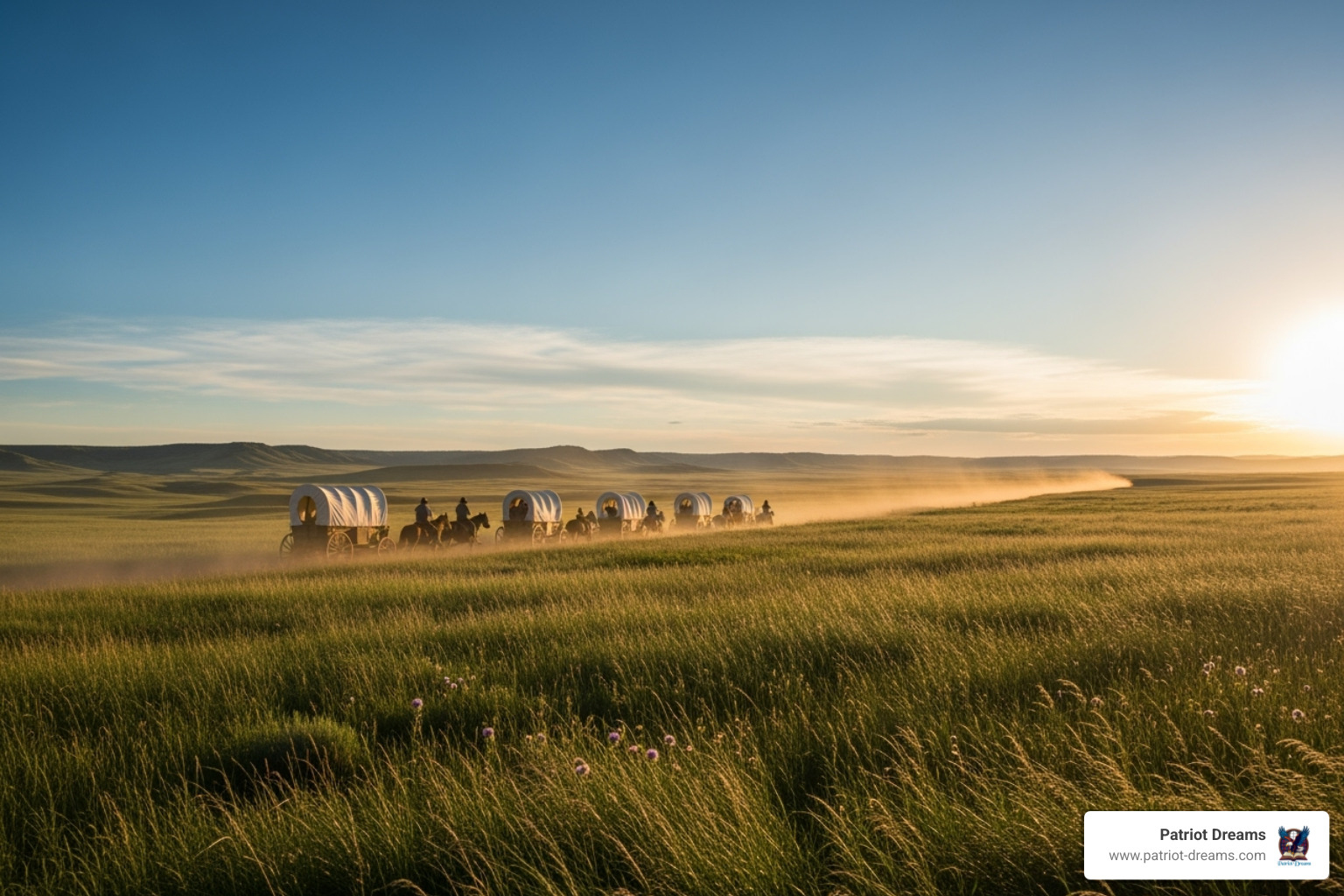 A vast, sunlit prairie with a lone wagon train heading west, symbolizing pioneer spirit and expansion - Folklore Files: Forgotten American Legends and What They Reveal About Us
