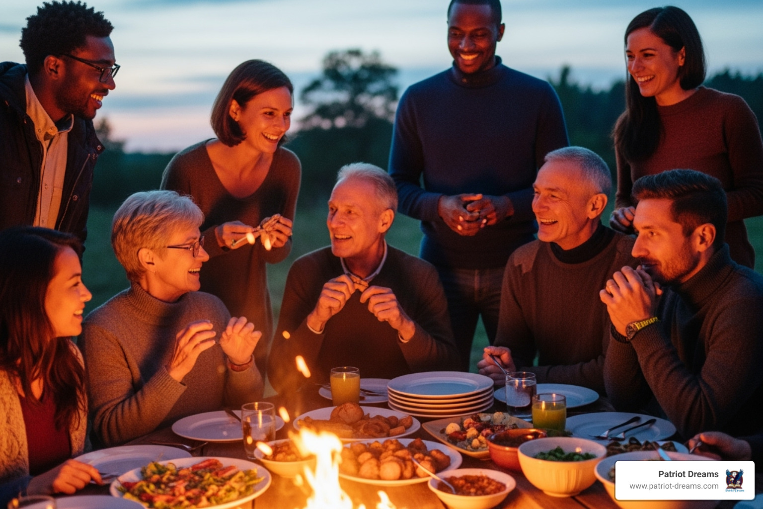 A diverse group of people from various cultural backgrounds sharing stories and laughter around a central gathering point, like a community fire or a table laden with food - Folklore Files: Forgotten American Legends and What They Reveal About Us