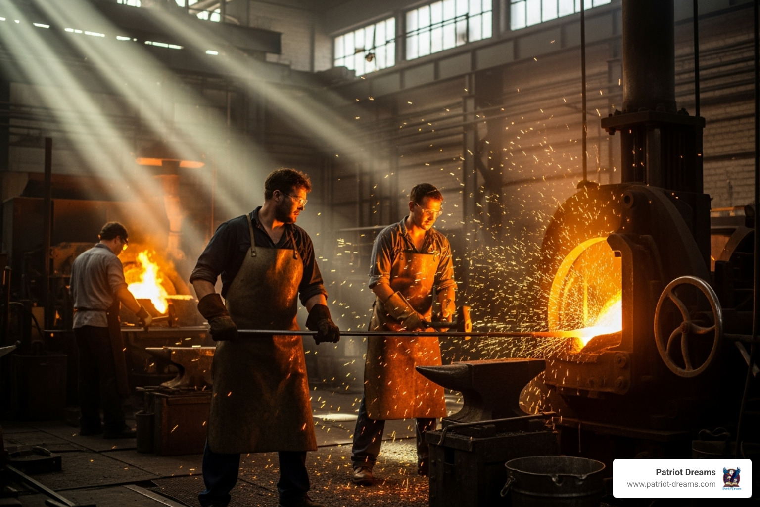 Vintage industrial-era workers, possibly steelworkers, toiling in a factory with sparks flying, symbolizing hard work and ingenuity - Folklore Files: Forgotten American Legends and What They Reveal About Us