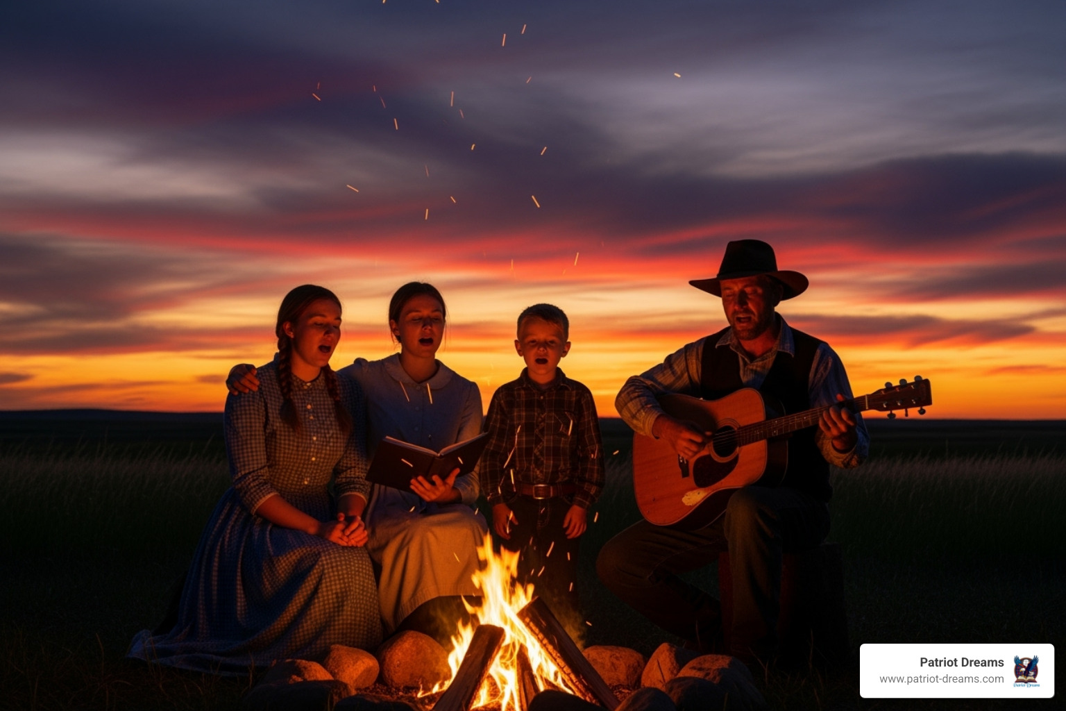 Pioneer family singing around a campfire, silhouetted against a vast prairie sunset - Soundtracks of a Nation: The Songs That Defined America Through the Decades