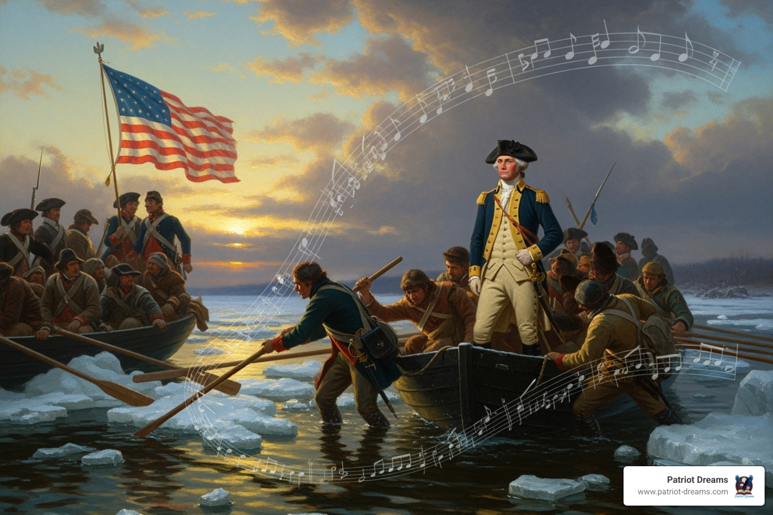 Painting of George Washington crossing the Delaware River with subtle musical notes - Soundtracks of a Nation: The Songs That Defined America Through the Decades