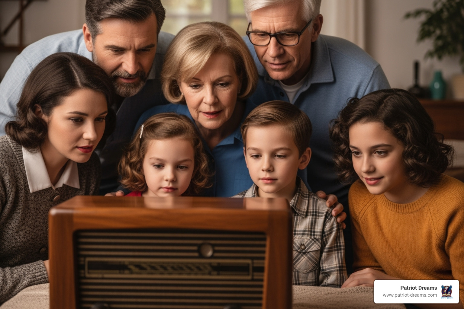 Family gathered around a vintage radio, listening intently - Soundtracks of a Nation: The Songs That Defined America Through the Decades