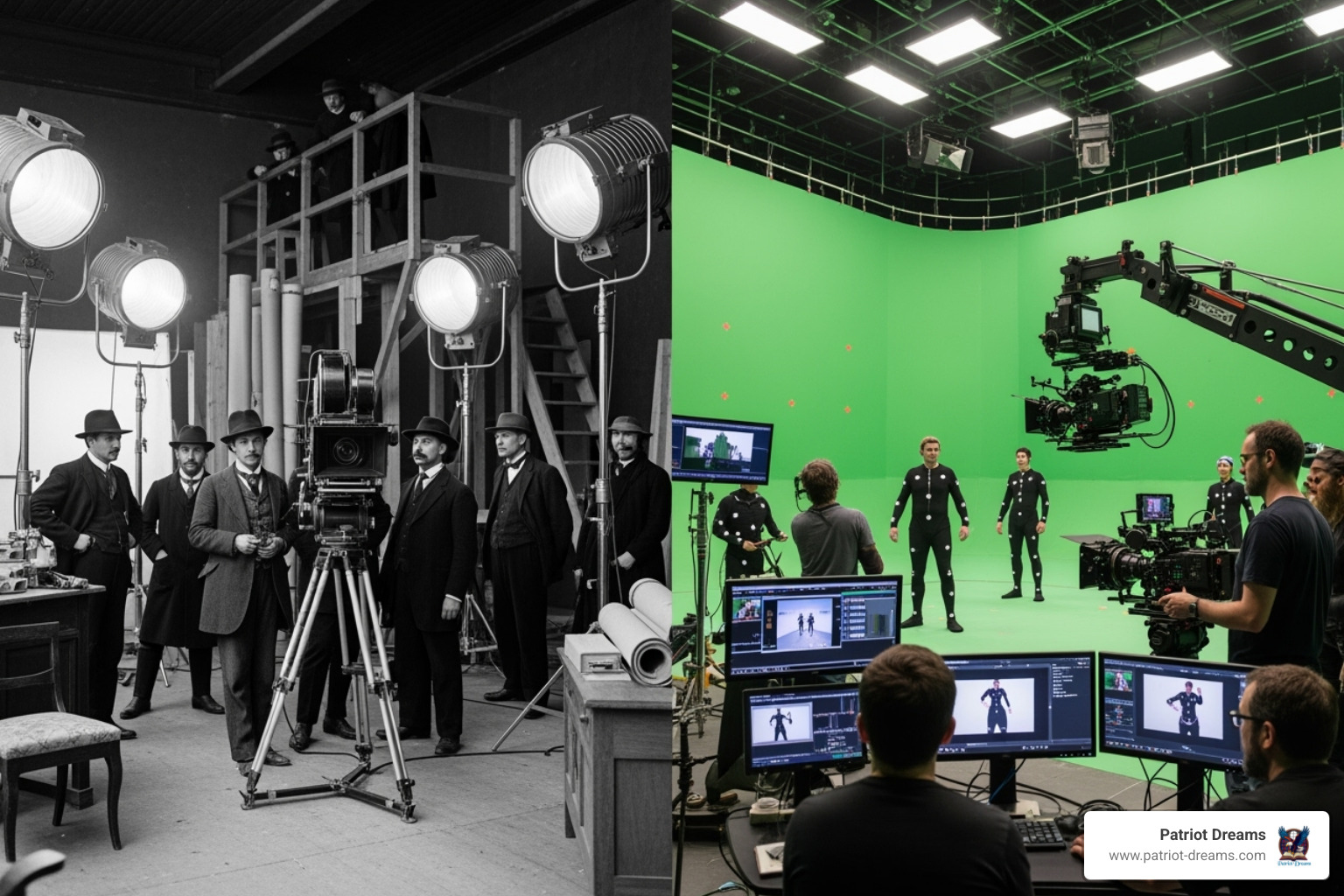 Modern film set using CGI contrasted with an early film set - The Industrial Ages in Hollywood: How Movies Portray America's Manufacturing Boom