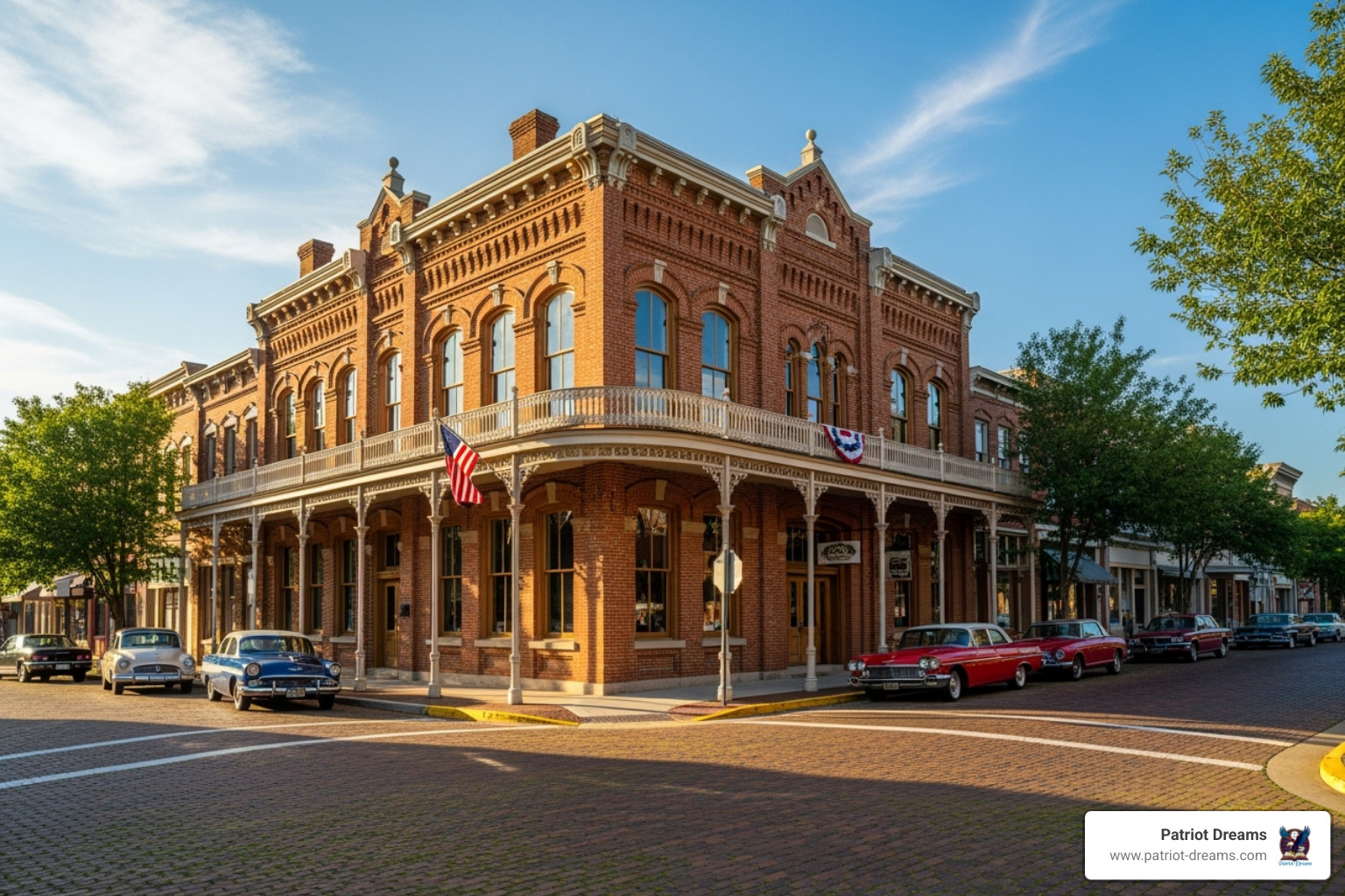 historic, multi-story brick building with a balcony on a brick-paved street in Jefferson - Traveling Through Time: American Small Towns That Feel Like a Vintage Film Set