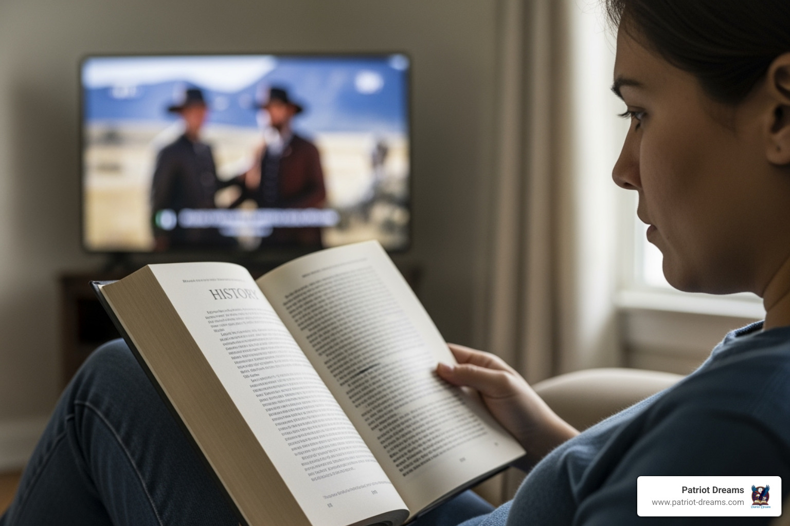 person reading a history book after being inspired by a TV show - TV's America: How Series like 'Western' and 'Period Drama' Re-Write Our History
