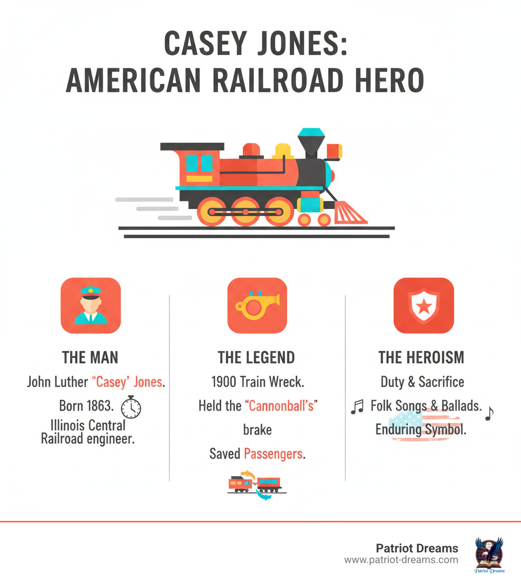 Infographic showing Casey Jones's life timeline: Born March 14, 1863 in Missouri; Family moved to Cayce, Kentucky in 1876 where he got his nickname; Started railroad work at age 15 as telegrapher in 1878; Married Janie Brady on November 25, 1886; Promoted to locomotive engineer on February 23, 1891; Transferred to prestigious Memphis-Canton passenger run in February 1900; Died heroically on April 30, 1900 at age 37 in Vaughan, Mississippi saving all passengers on his train - The Real Life Behind the Legend: Casey Jones and the Making of an American Railroad Hero infographic 